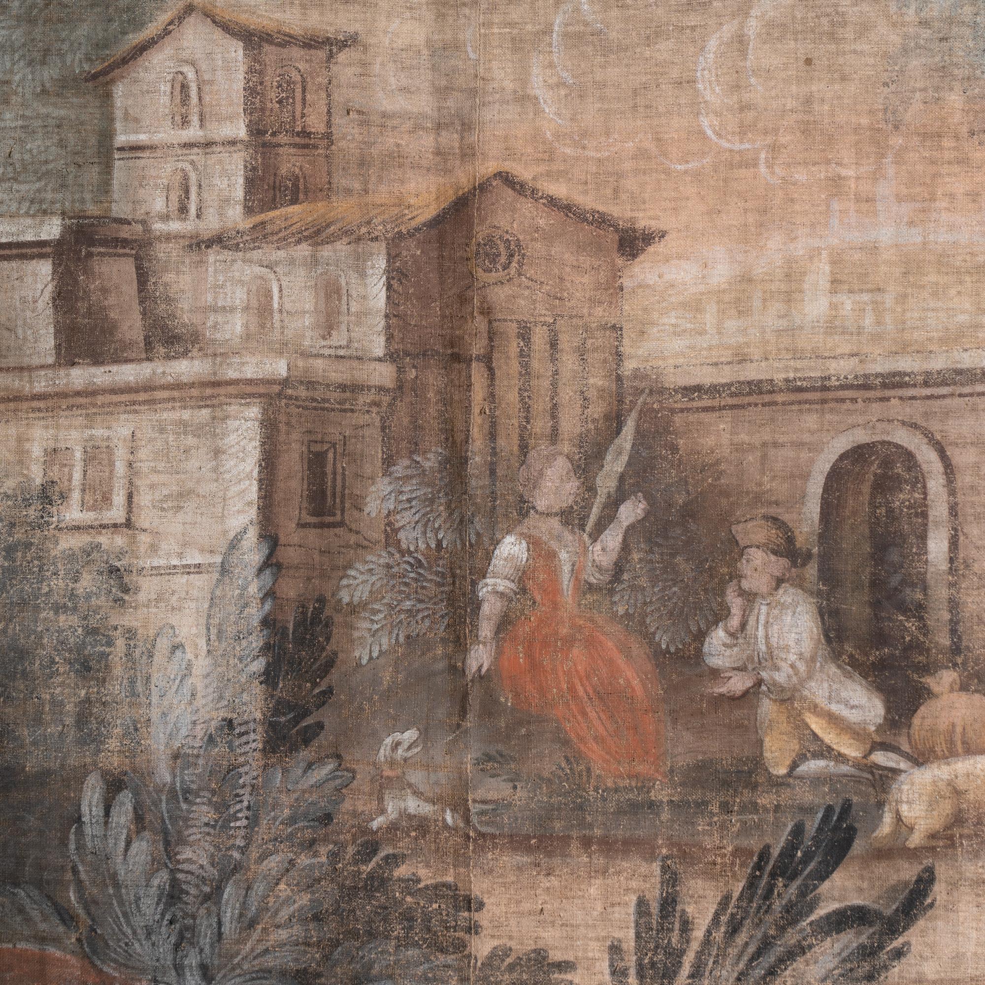 Gran lienzo pintado original de la campiña francesa de mediados del siglo XVIII en Bastante bueno estado para la venta en Round Top, TX