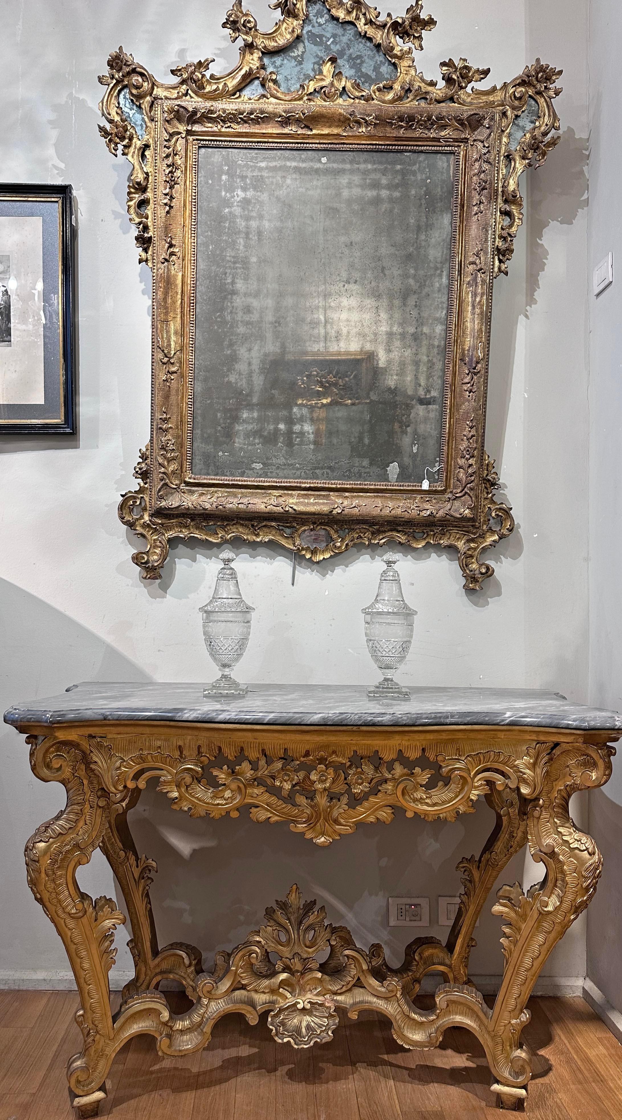 MID 18th CENTURY LOUIS XV CONSOLE IN GOLDEN WOOD AND BARDIGLIO MARBLE For Sale 2