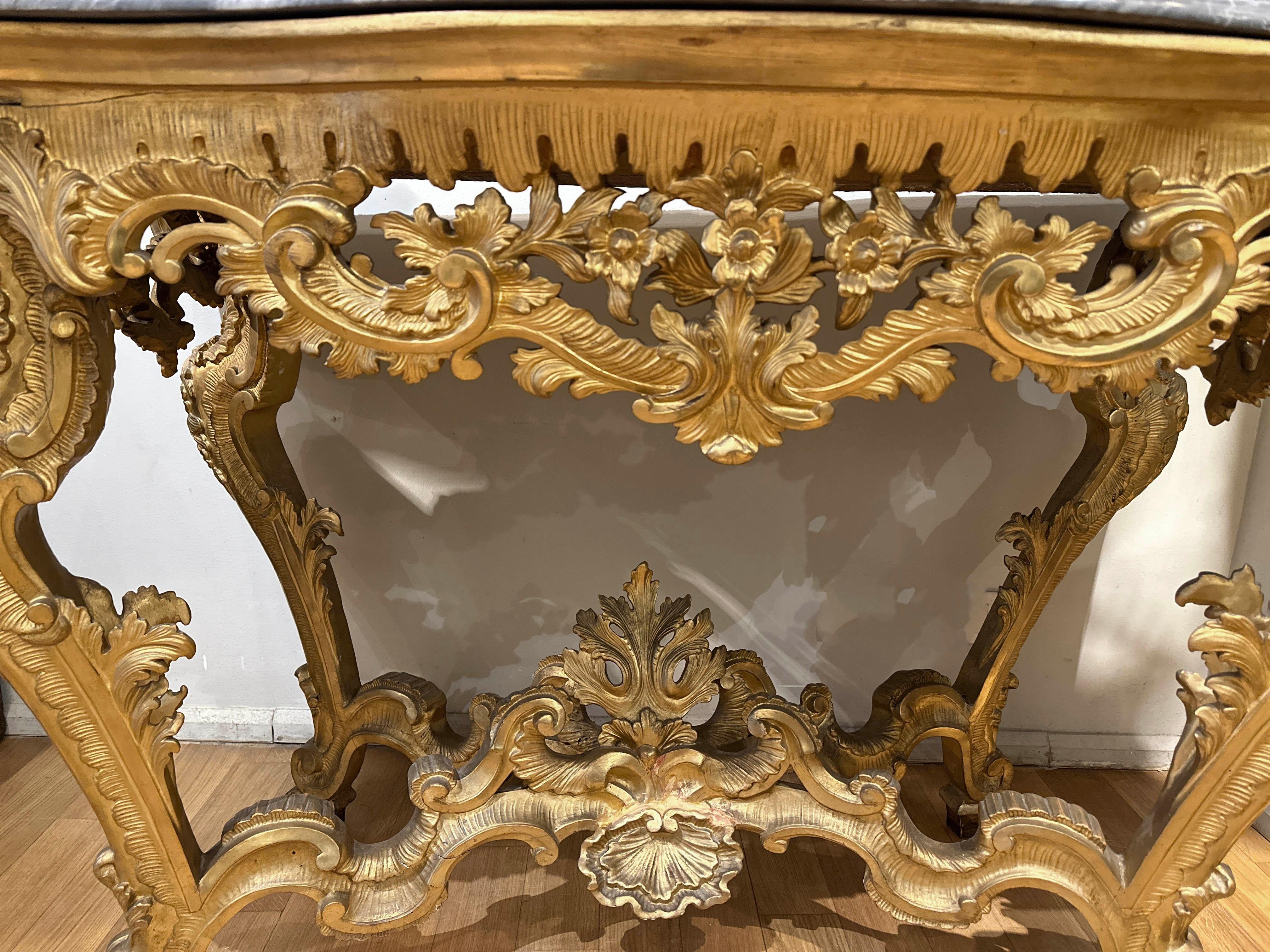 MID 18th CENTURY LOUIS XV CONSOLE IN GOLDEN WOOD AND BARDIGLIO MARBLE For Sale 7