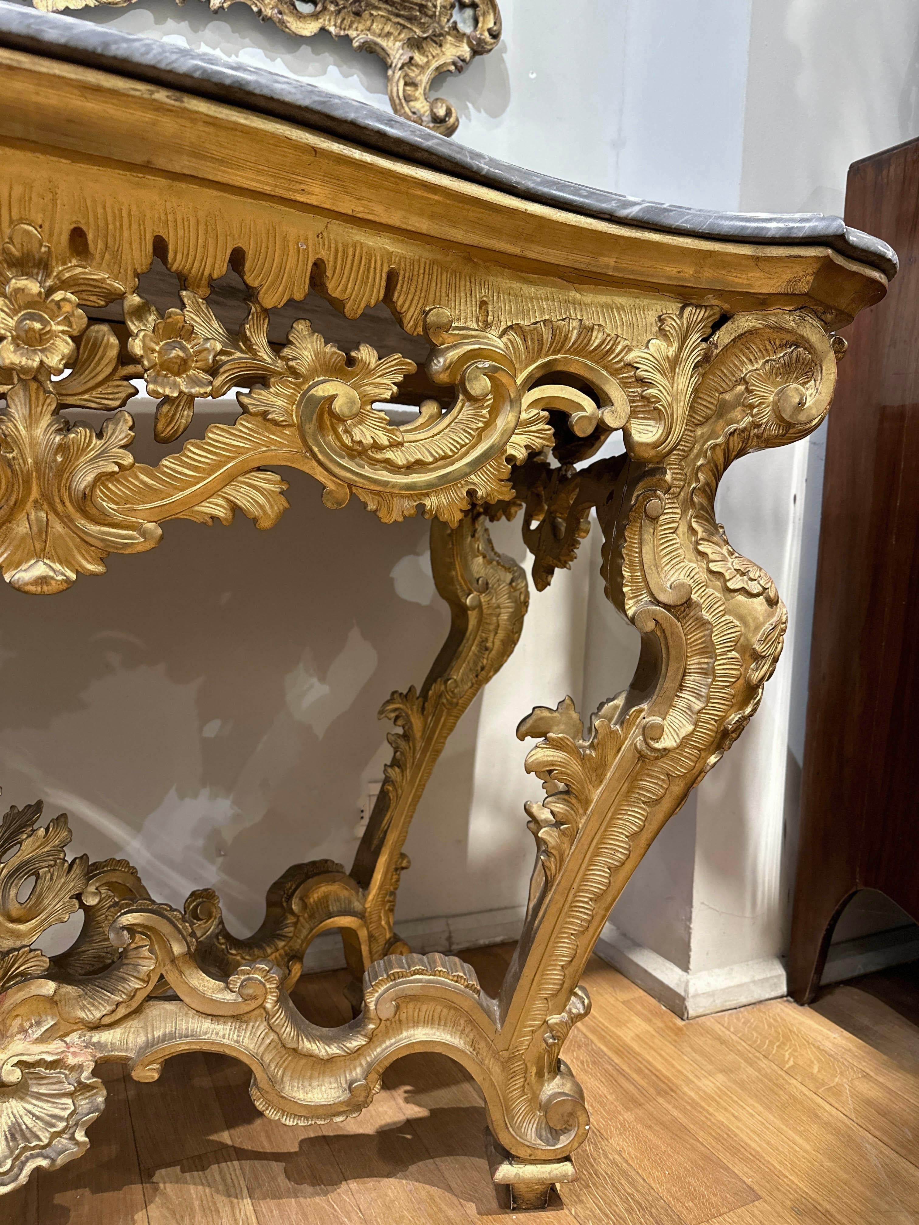 MID 18th CENTURY LOUIS XV CONSOLE IN GOLDEN WOOD AND BARDIGLIO MARBLE For Sale 8