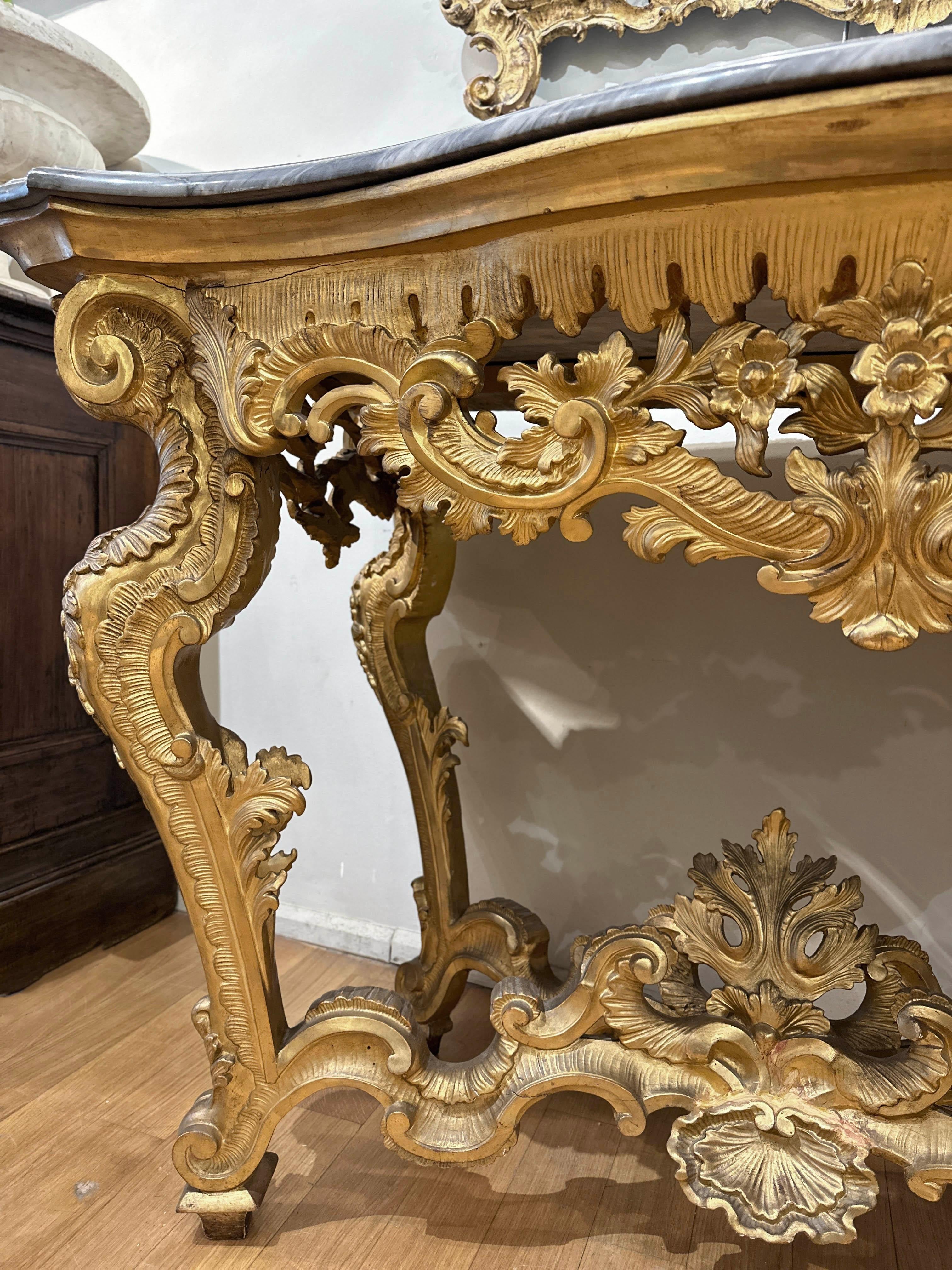MID 18th CENTURY LOUIS XV CONSOLE IN GOLDEN WOOD AND BARDIGLIO MARBLE For Sale 9