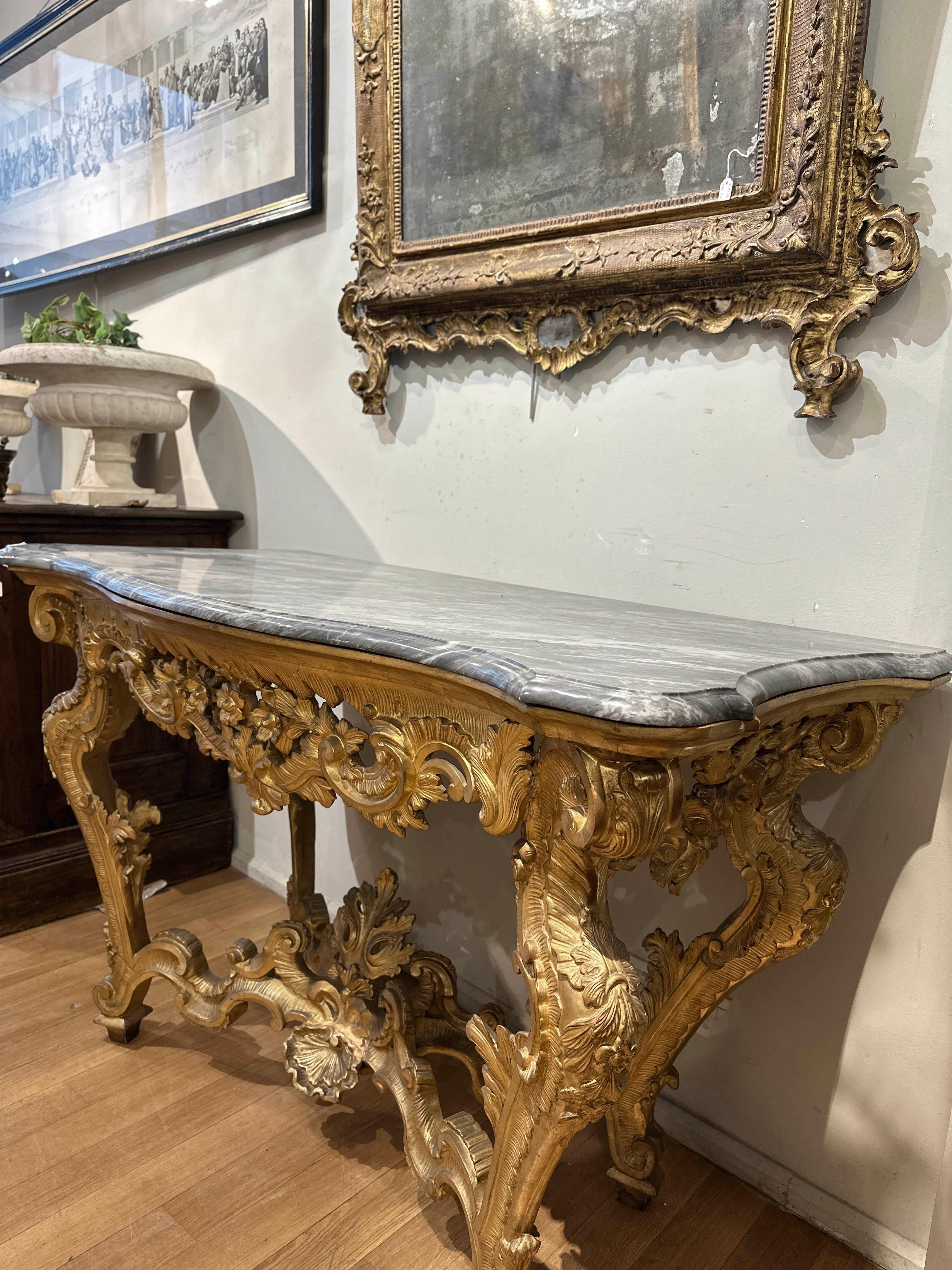 MID 18th CENTURY LOUIS XV CONSOLE IN GOLDEN WOOD AND BARDIGLIO MARBLE For Sale 10