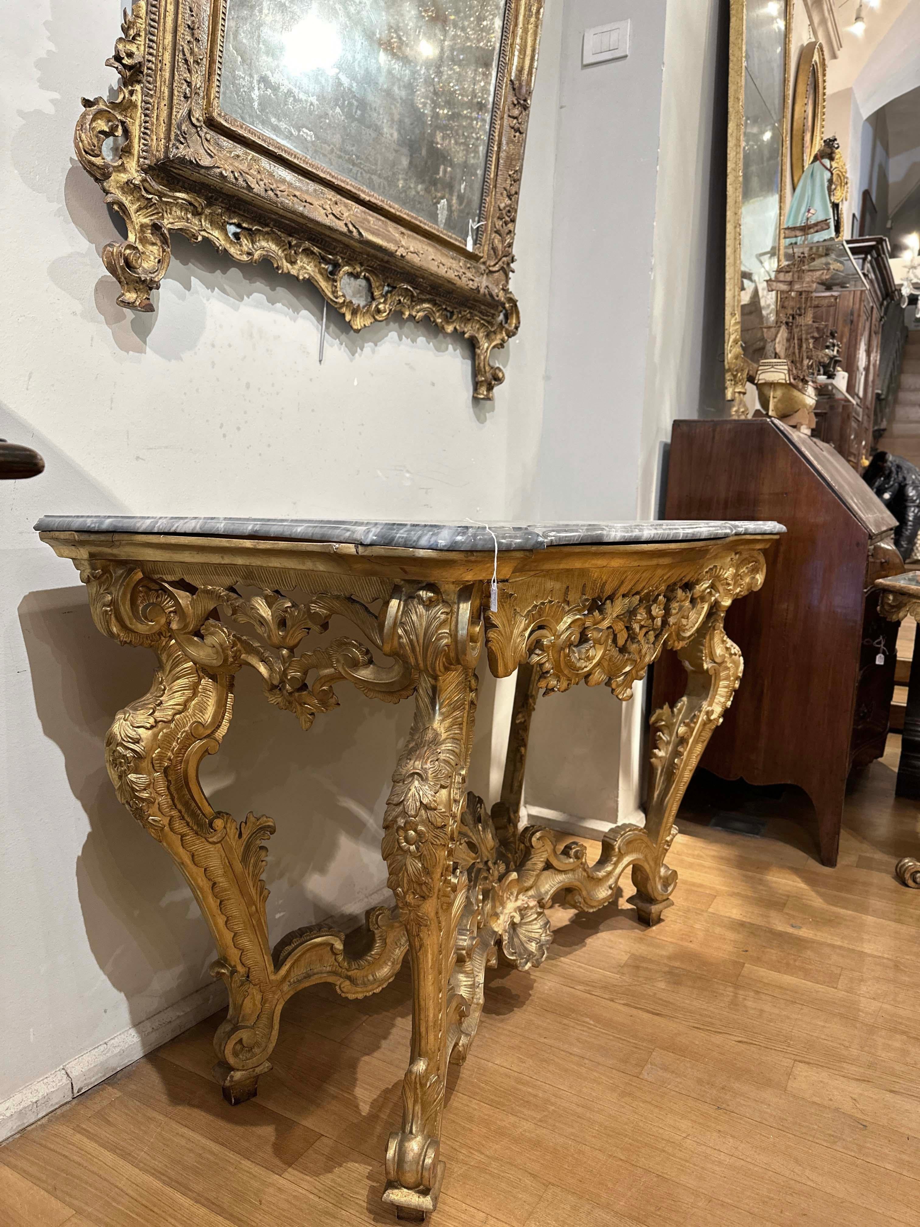 Louis XV MID 18th CENTURY LOUIS XV CONSOLE IN GOLDEN WOOD AND BARDIGLIO MARBLE For Sale