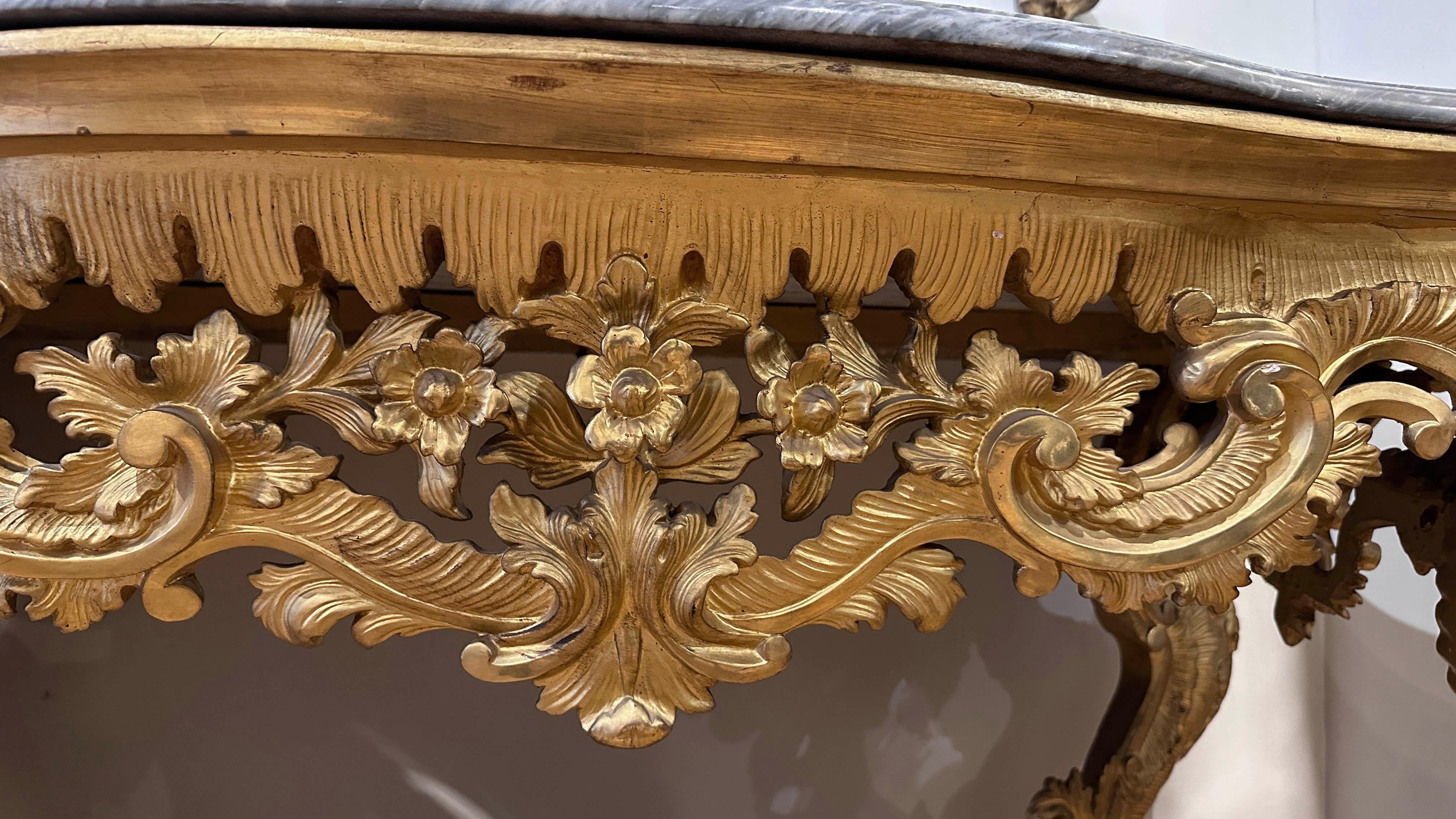 Hand-Carved MID 18th CENTURY LOUIS XV CONSOLE IN GOLDEN WOOD AND BARDIGLIO MARBLE For Sale