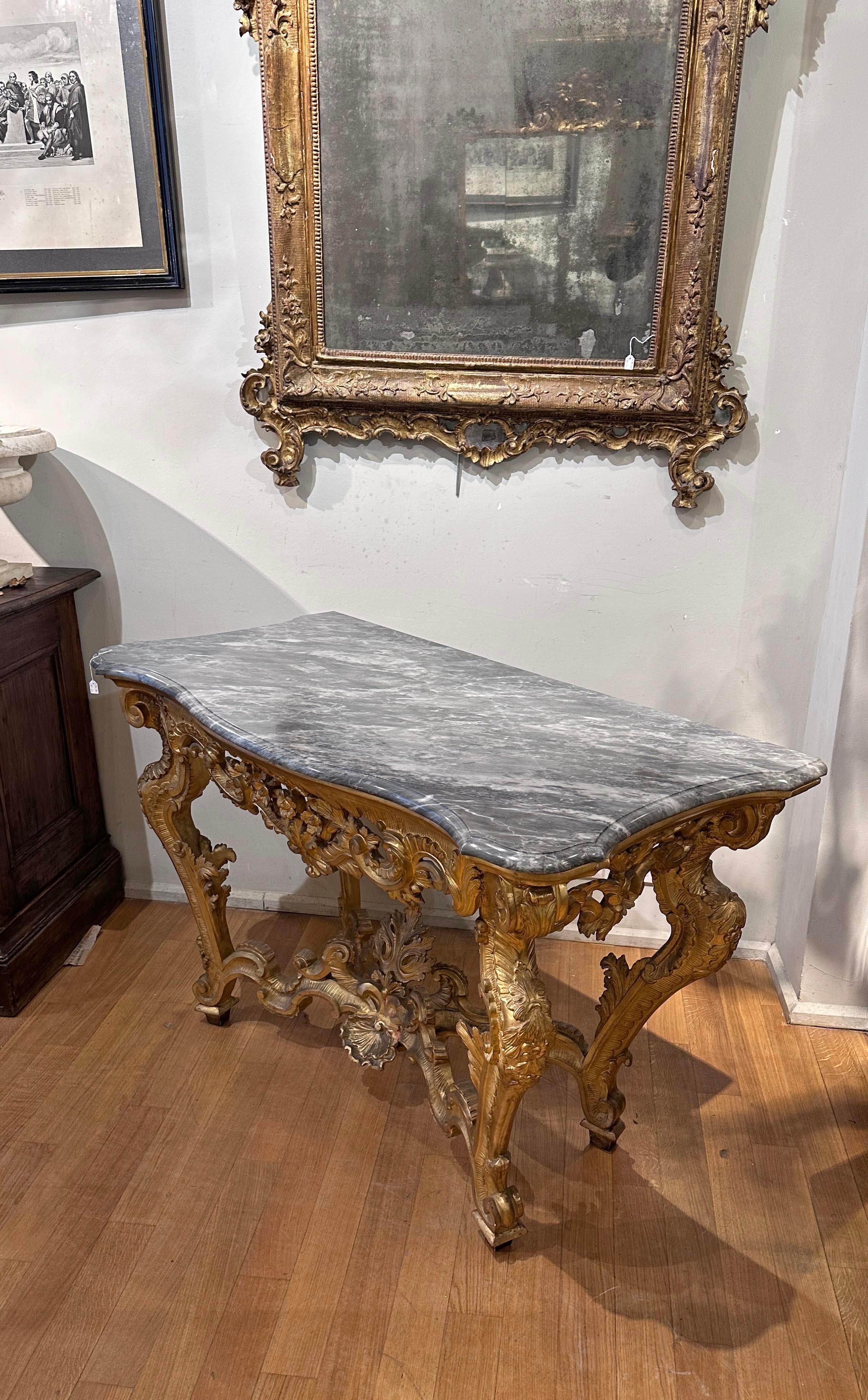 18th Century MID 18th CENTURY LOUIS XV CONSOLE IN GOLDEN WOOD AND BARDIGLIO MARBLE For Sale
