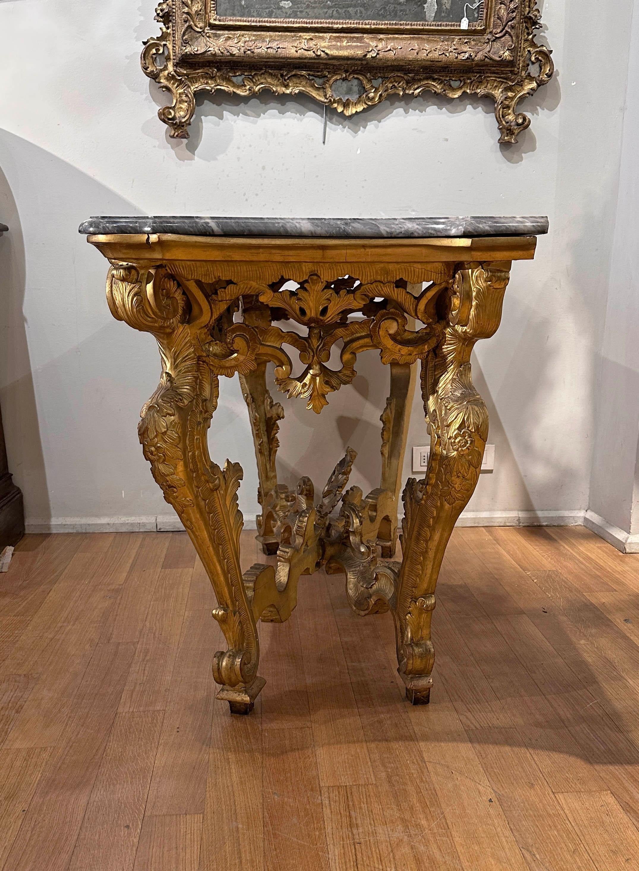 Wood MID 18th CENTURY LOUIS XV CONSOLE IN GOLDEN WOOD AND BARDIGLIO MARBLE For Sale