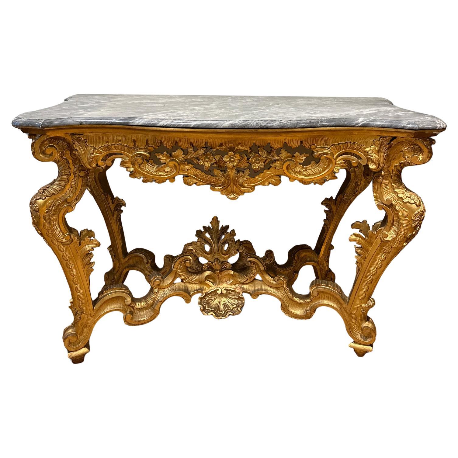 MID 18th CENTURY LOUIS XV CONSOLE IN GOLDEN WOOD AND BARDIGLIO MARBLE For Sale