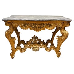 MID 18th CENTURY LOUIS XV CONSOLE IN GOLDEN WOOD AND BARDIGLIO MARBLE