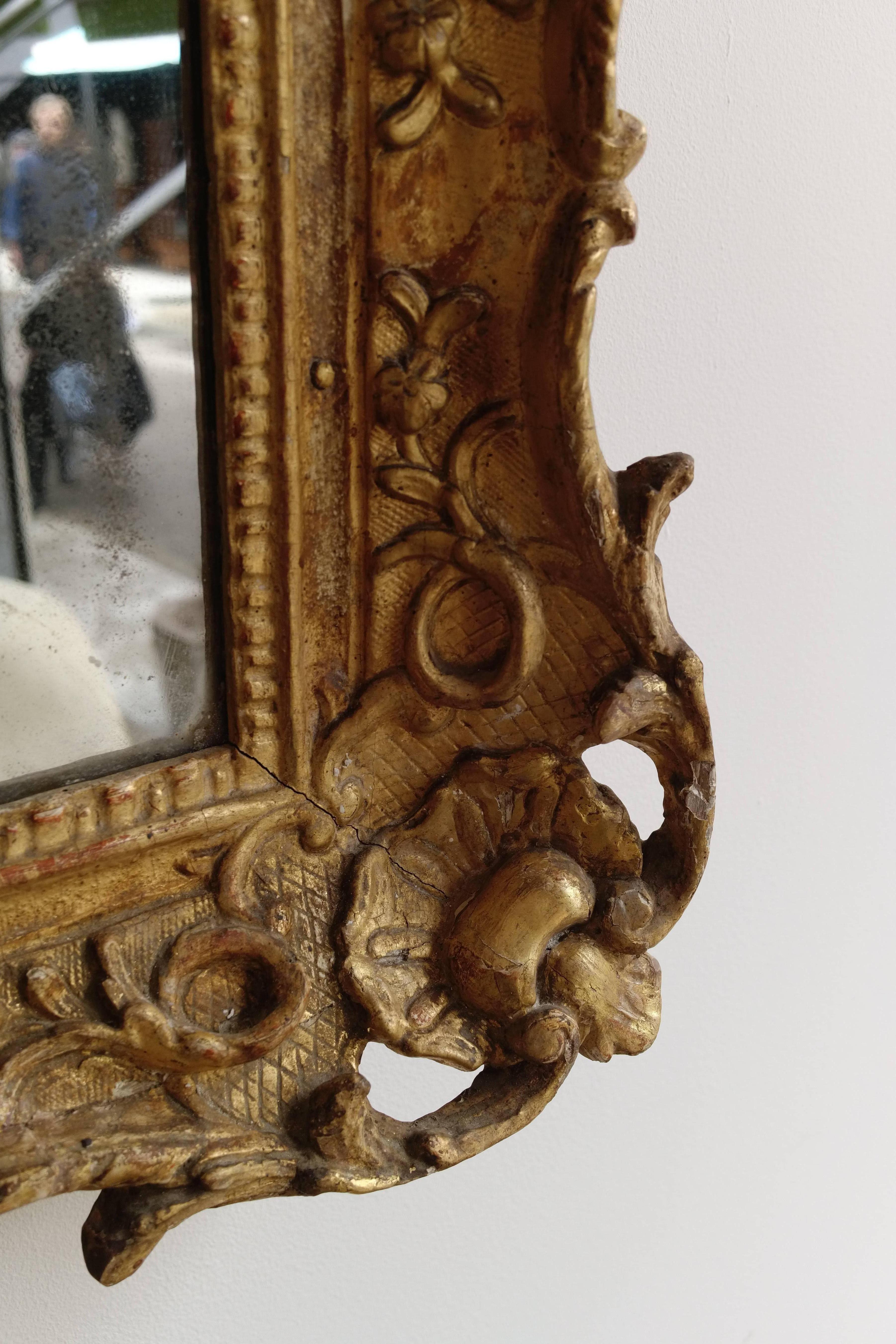 French Mid-18th Century Louis XV Gilded Wood Mirror, Mercury Glass For Sale