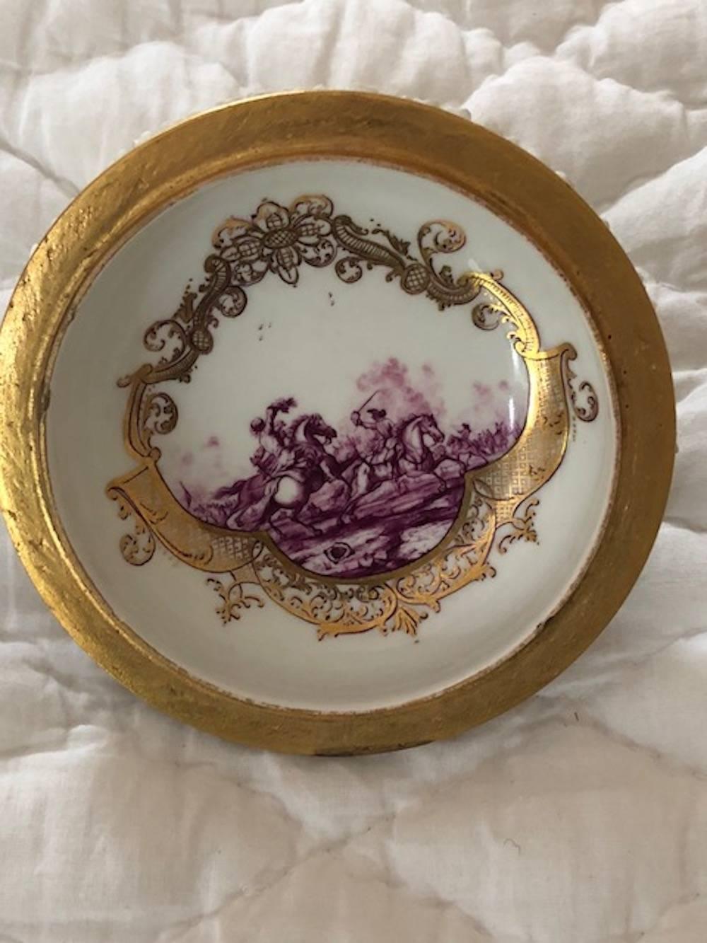 Mid-18th Century Meissen Two-Handled Cup with Cover and Saucer In Excellent Condition For Sale In Washington Crossing, PA
