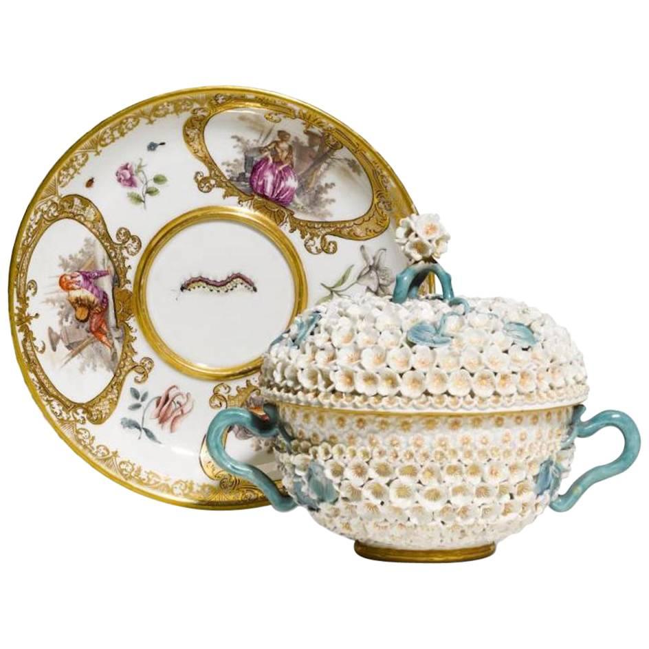Mid-18th Century Meissen Two-Handled Cup with Cover and Saucer For Sale