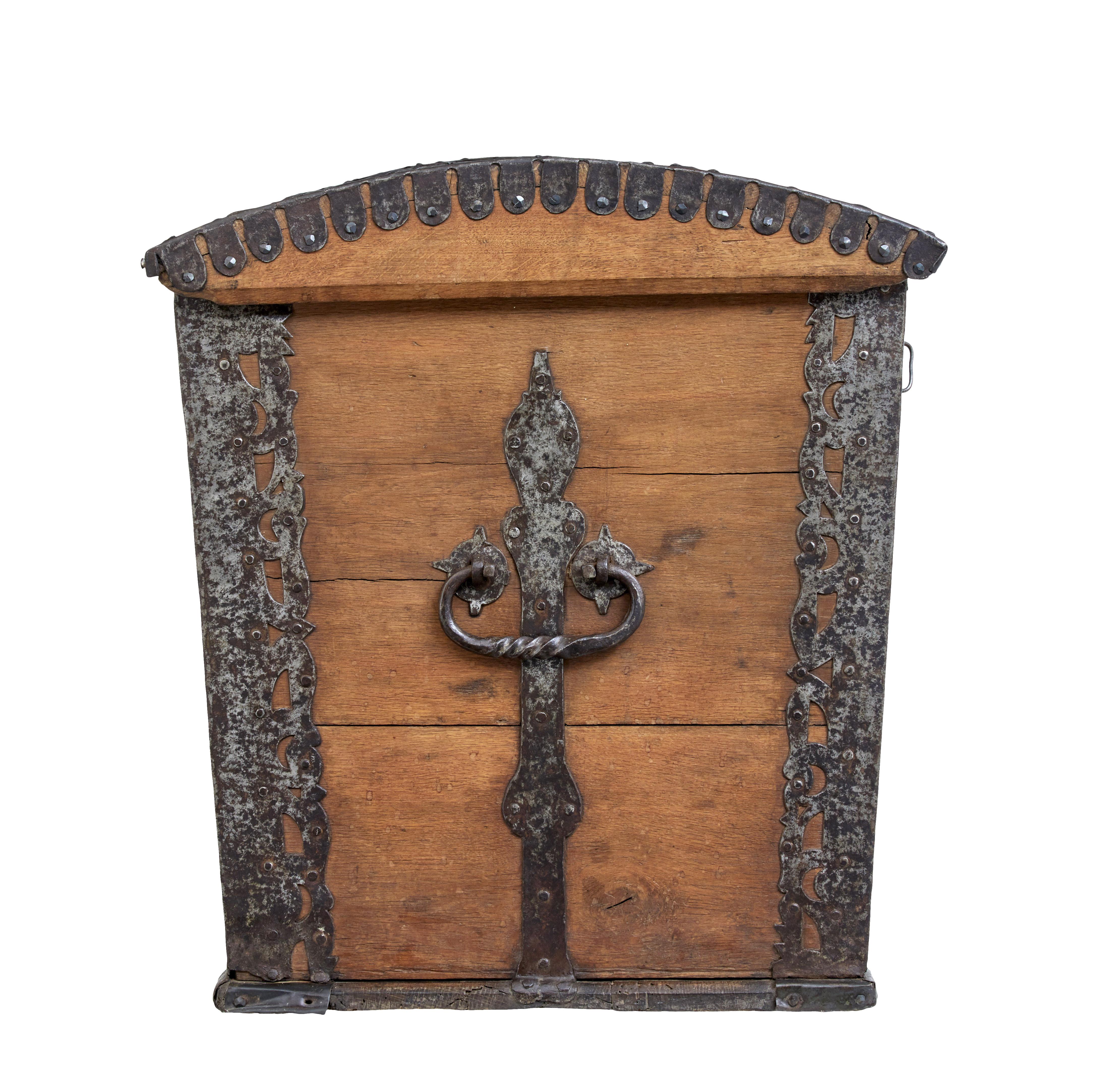 Baroque Revival Mid 18th Century oak and iron dome top trunk