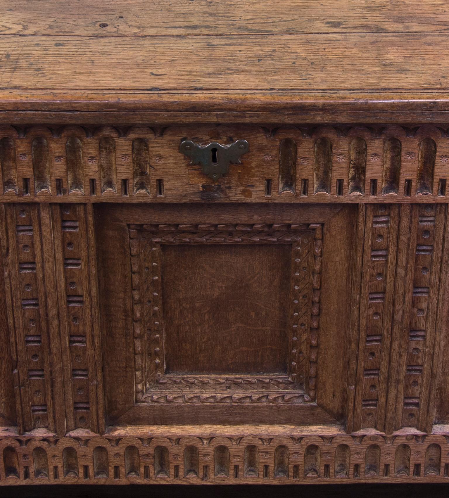 Mid-18th Century Oak Coffer Chest with Three-Panel Decorative Front For Sale 2