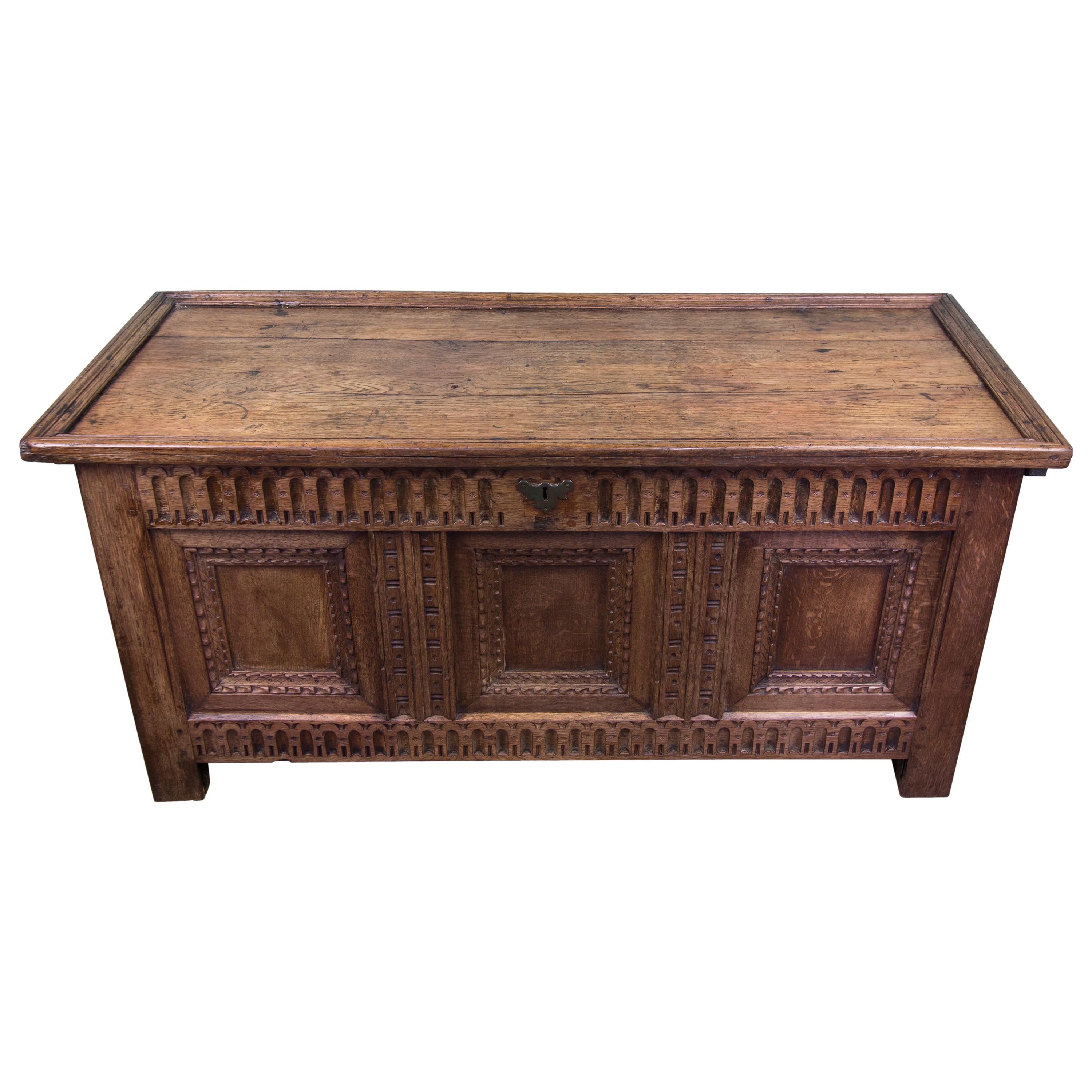 Mid-18th Century Oak Coffer Chest with Three-Panel Decorative Front For Sale