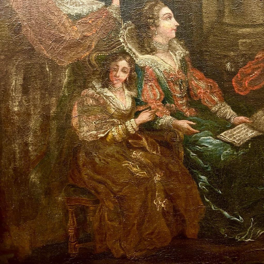 Mid 18th Century Oil Painting Depicting a Scene with Courtesans on Canvas For Sale 4