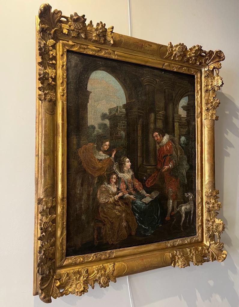 Mid 18th Century Oil Painting Depicting a Scene with Courtesans on Canvas For Sale 5