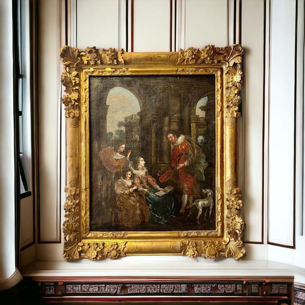 Title : Spanish Conversation, in the style of Carle Van Loo 
We present you this wonderful 18th century oil on canvas painting depicting three French courtesans, a nobleman, and his faithful dog amidst a  grand palatial setting with arcades and a