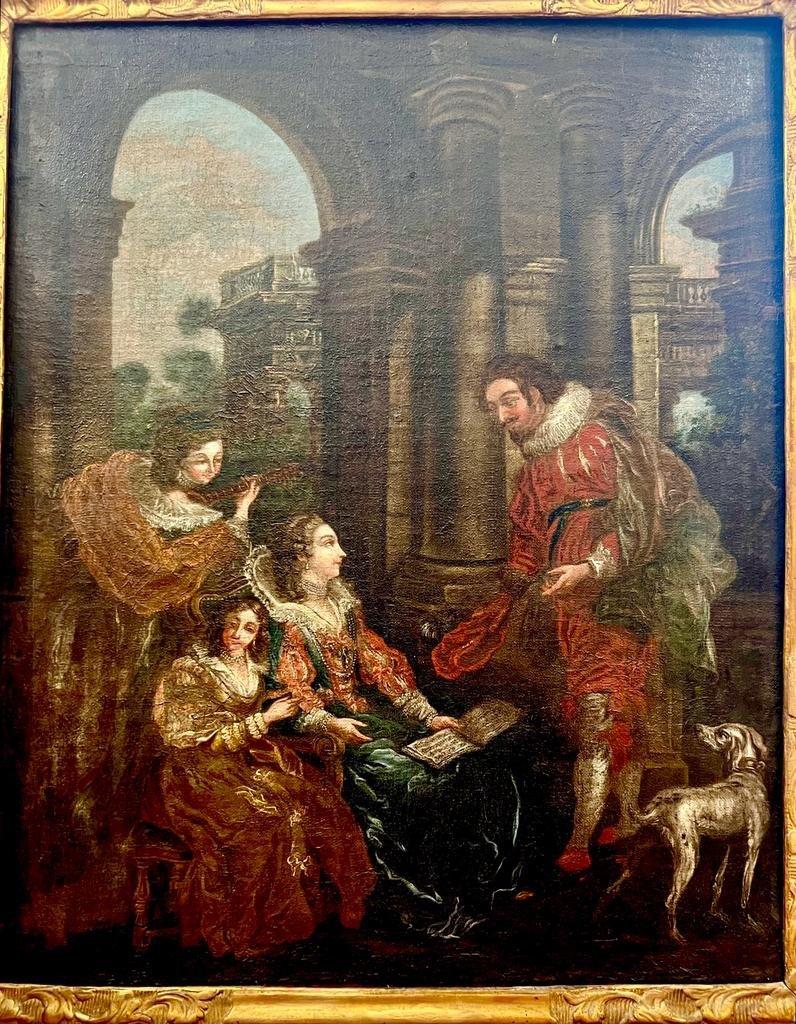 Oiled Mid 18th Century Oil Painting Depicting a Scene with Courtesans on Canvas For Sale