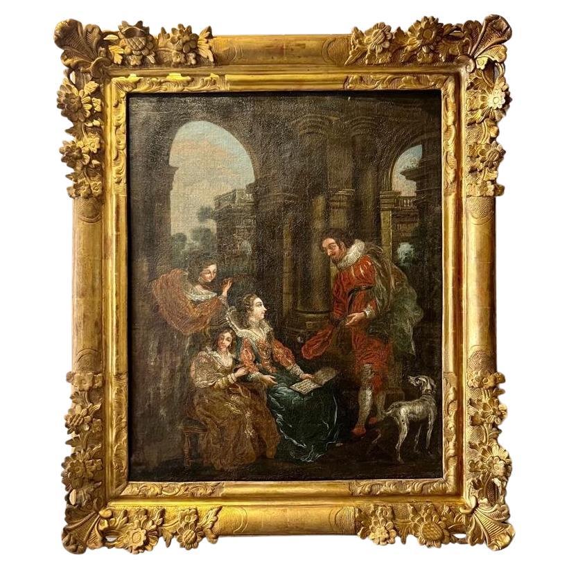 Mid 18th Century Oil Painting Depicting a Scene with Courtesans on Canvas