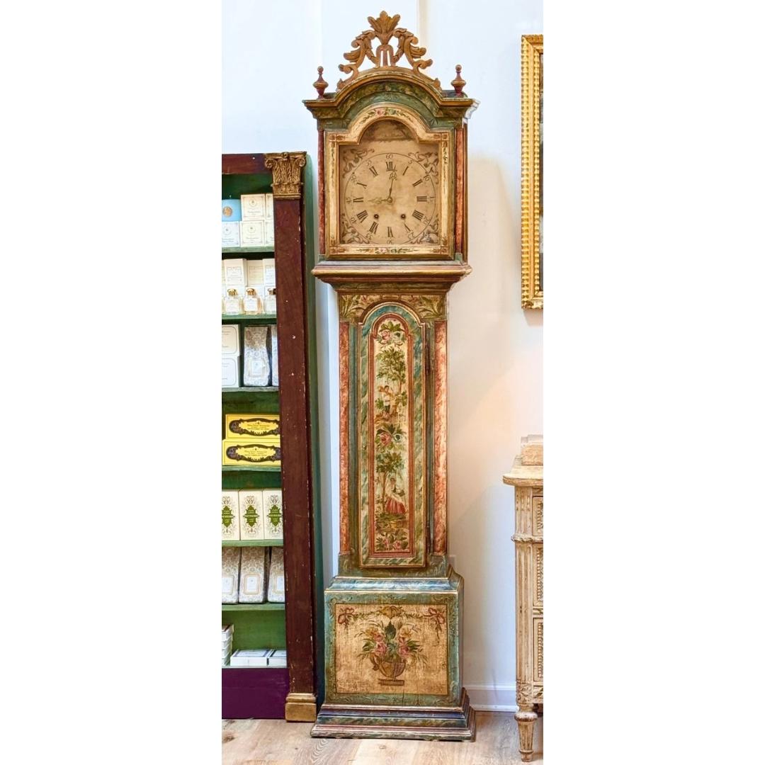 Italian Mid-18th Century painted tall case clock from Northern Italy For Sale