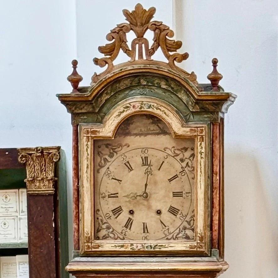 Wood Mid-18th Century painted tall case clock from Northern Italy For Sale