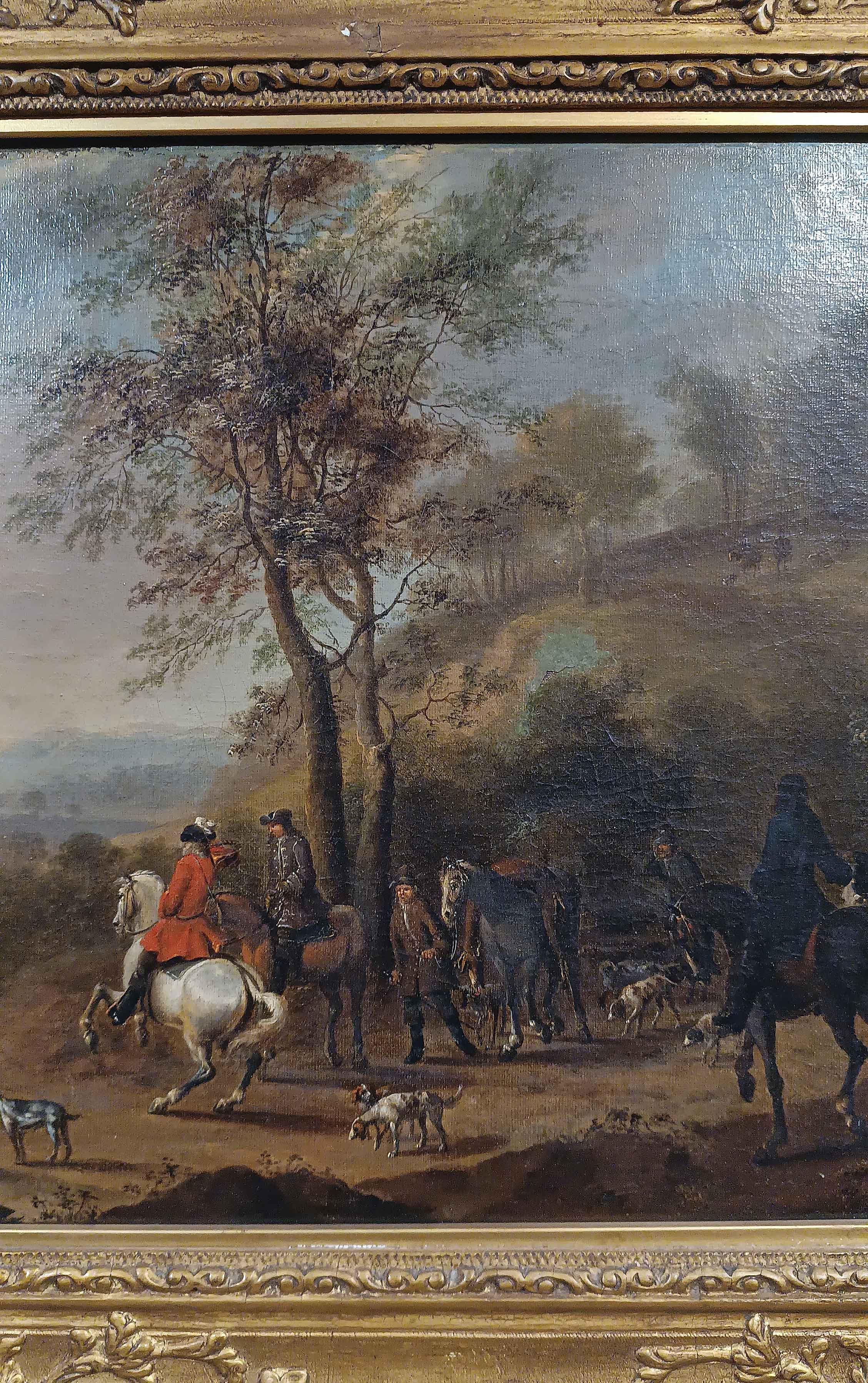 Intagliato a mano DIPINTO DELLA METÀ DEL XVIII SECOLO CON UNA SCENA DI CACCIA in vendita