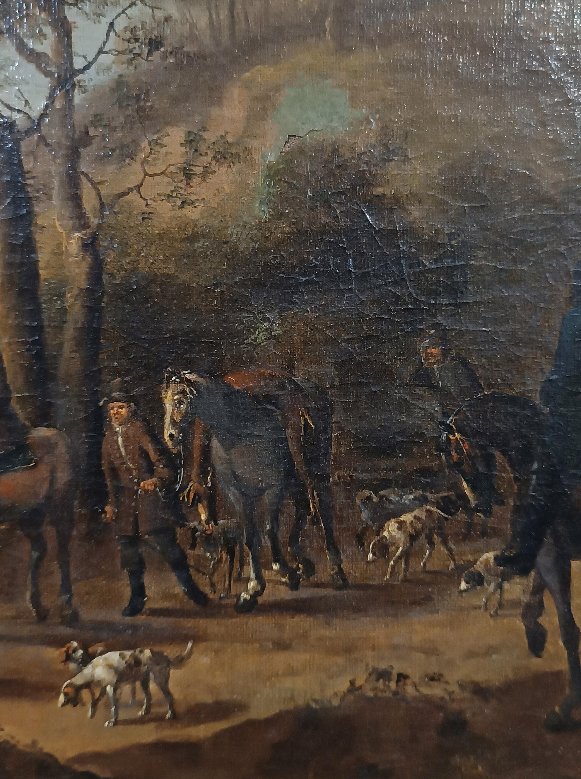 Tela DIPINTO DELLA METÀ DEL XVIII SECOLO CON UNA SCENA DI CACCIA in vendita