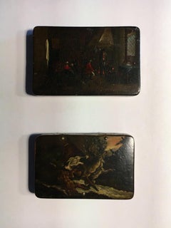 Mid-18th Century Pair of Lacquered Wood Boxes with Landscapes and Hunting Scenes