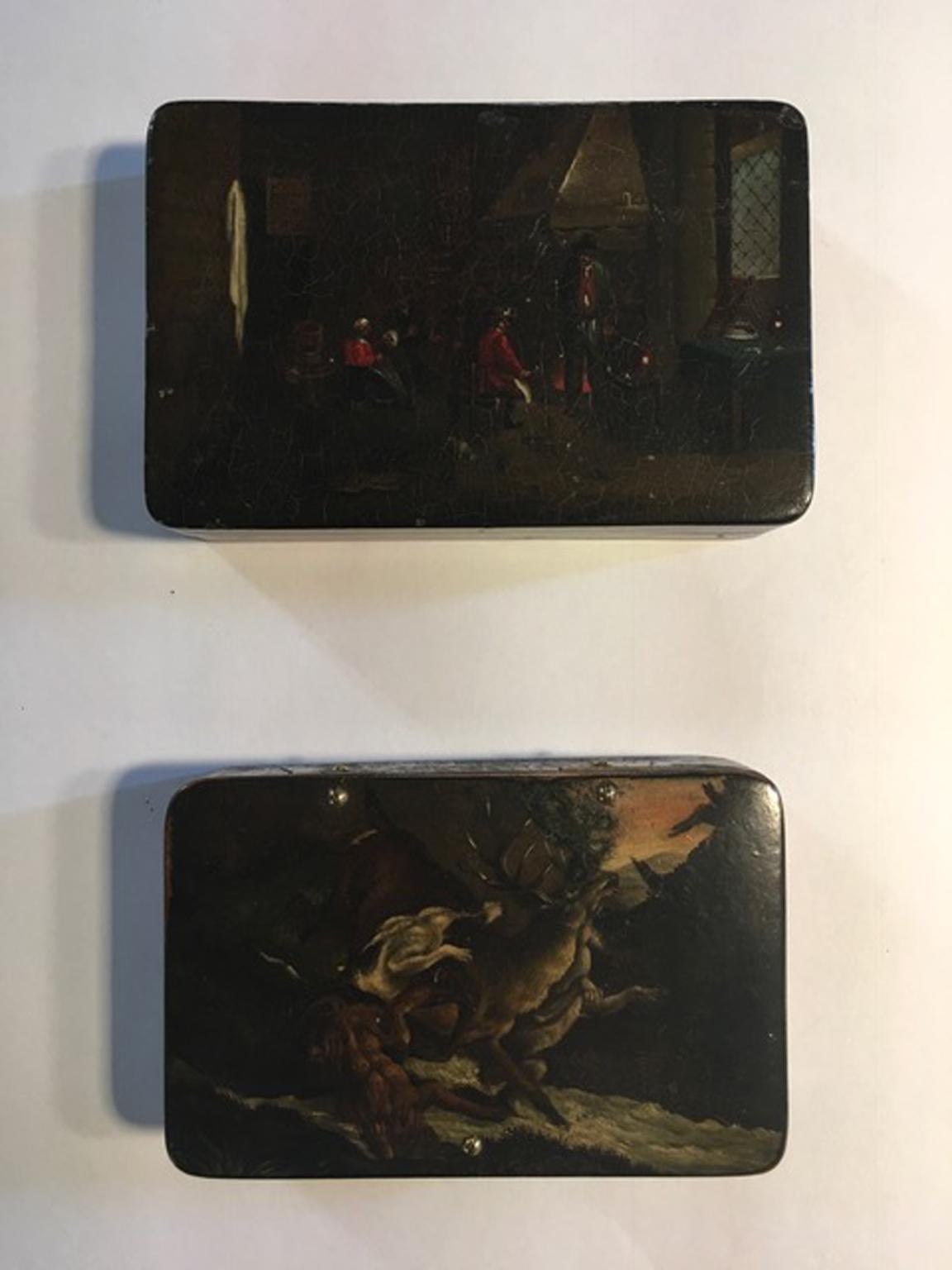 Baroque Mid-18th Century Pair of Lacquered Wood Boxes with Landscapes and Hunting Scenes For Sale