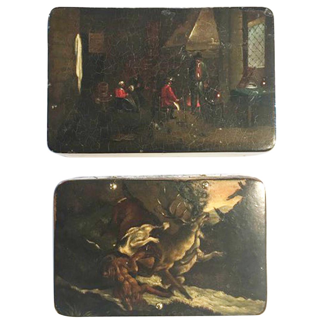 Mid-18th Century Pair of Lacquered Wood Boxes with Landscapes and Hunting Scenes