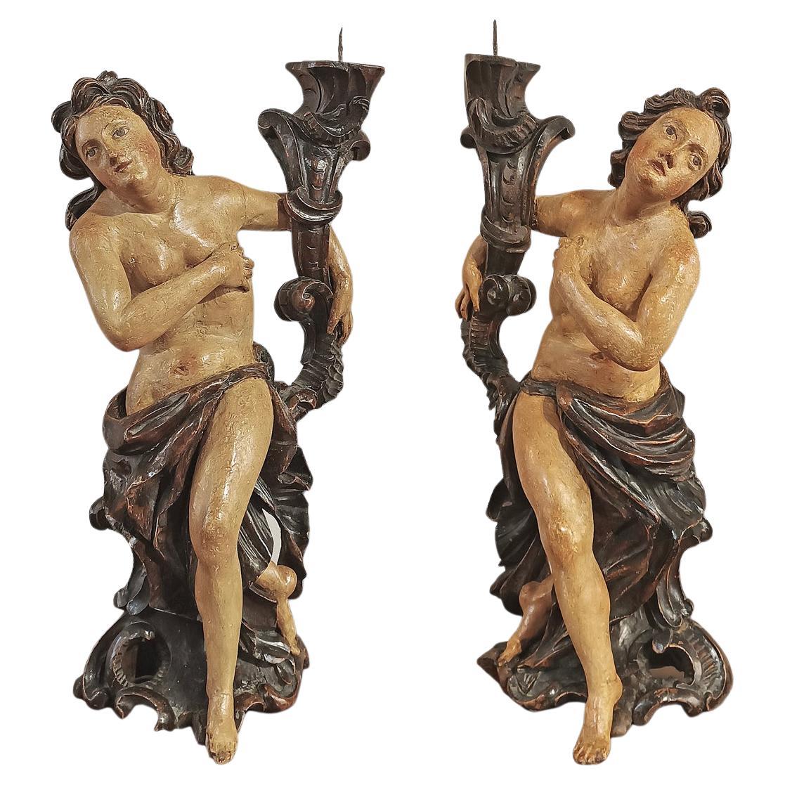 MID-18th CENTURY PAIR OF PAINTED WOODEN CANDELABRA