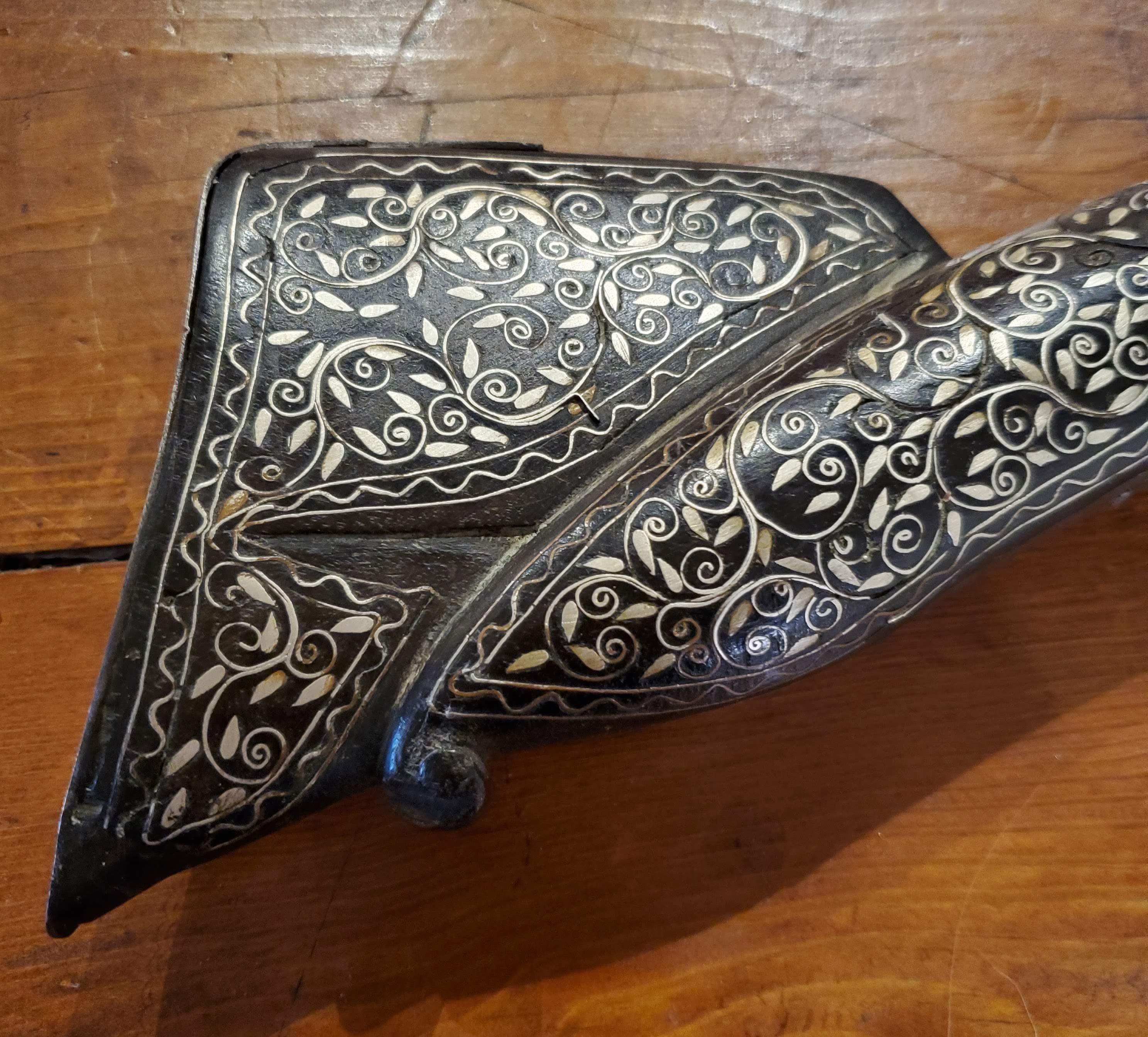 Mid-18th century Persian blunderbuss with intricate silver inlay. Perfect for collectors of arms or unique pieces of art. Safari themed room, perhaps. Made during the Ottoman Empire, circa 1750.
Measures: 17.75