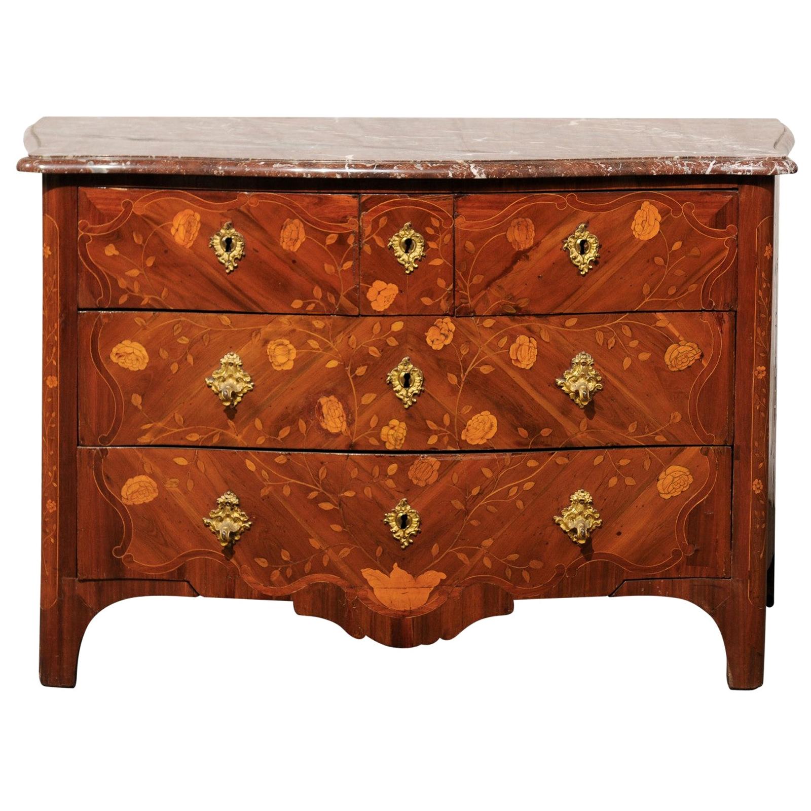 Mid-18th Century Regence Marquetry Marble-Top Commode For Sale