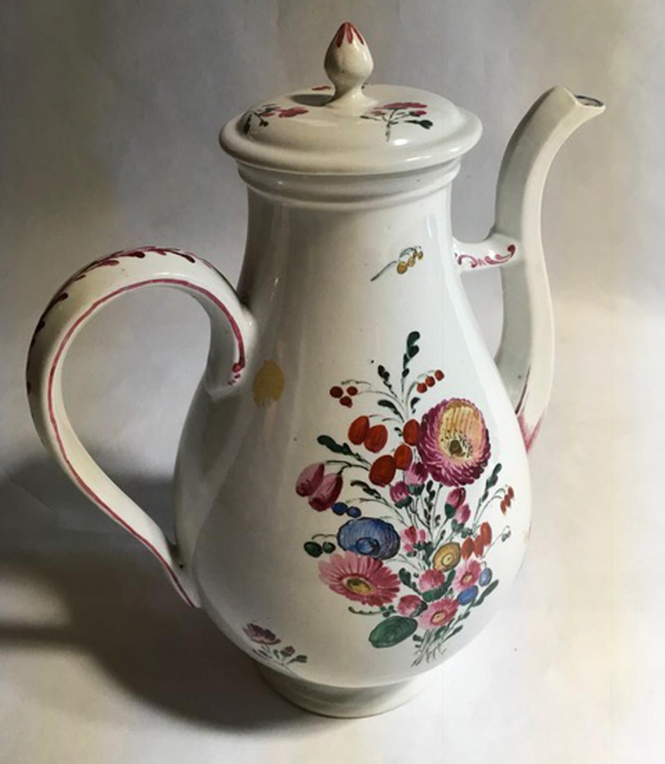 Italian Italy Richard Ginori Mid-18th Century Porcelain Coffee Pot with Flowers Decor For Sale