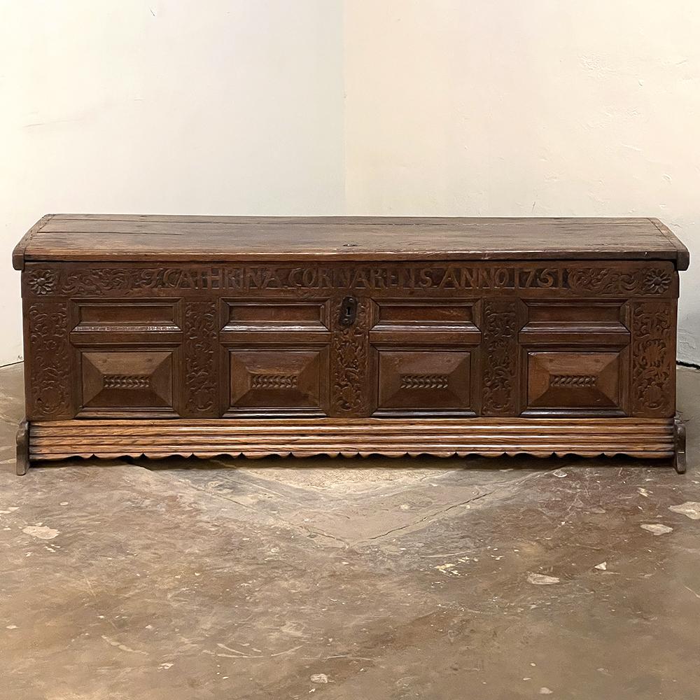 Mid-18th century Rustic German Trunk ~ Blanket chest was hand-crafted to contain a young woman's dowry, with her name carved into the top alongside the date of her wedding ~ Cathrina Cornarens, 1751! The front facade is also embellished with