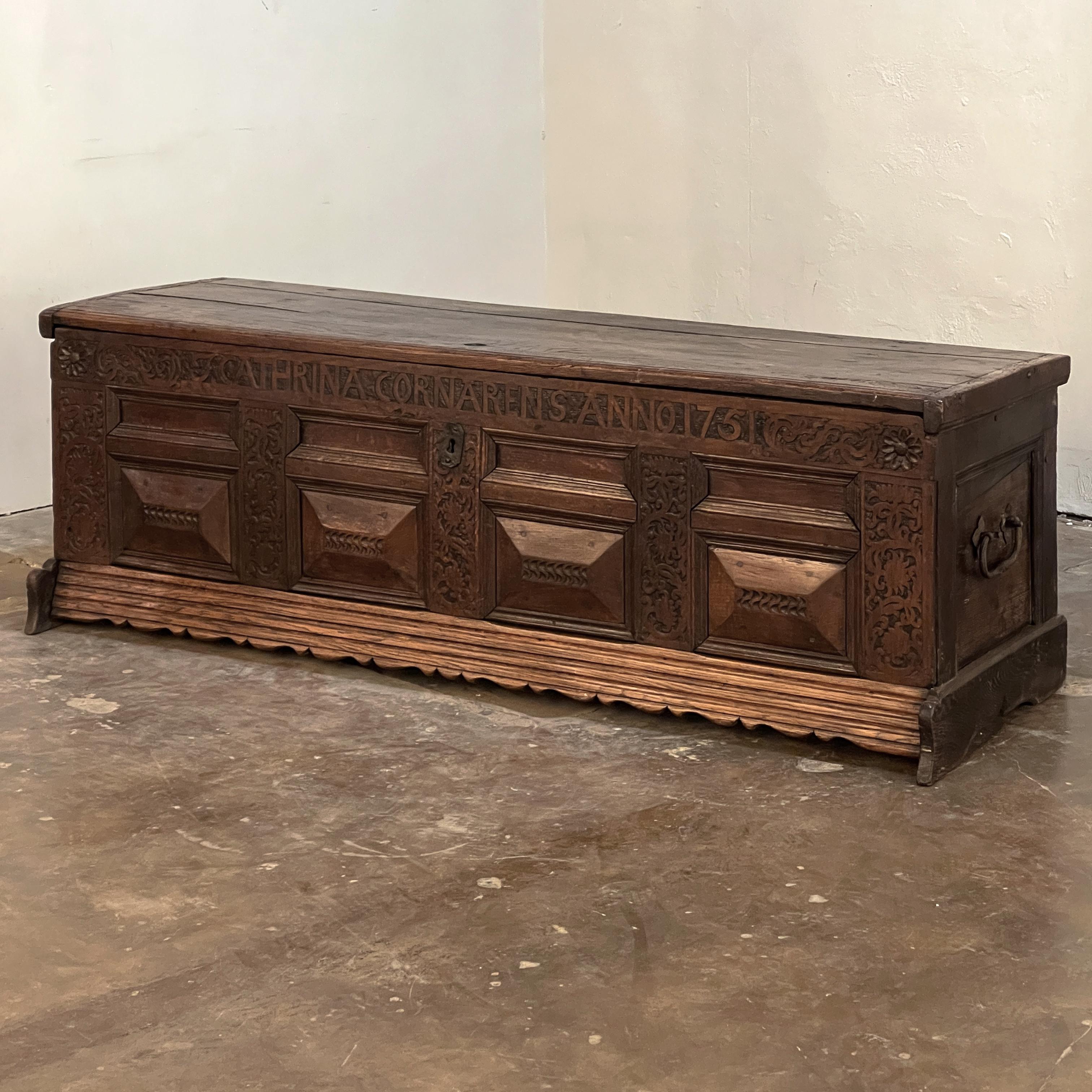 Hand-Carved Mid-18th Century Rustic German Trunk ~ Blanket Chest For Sale