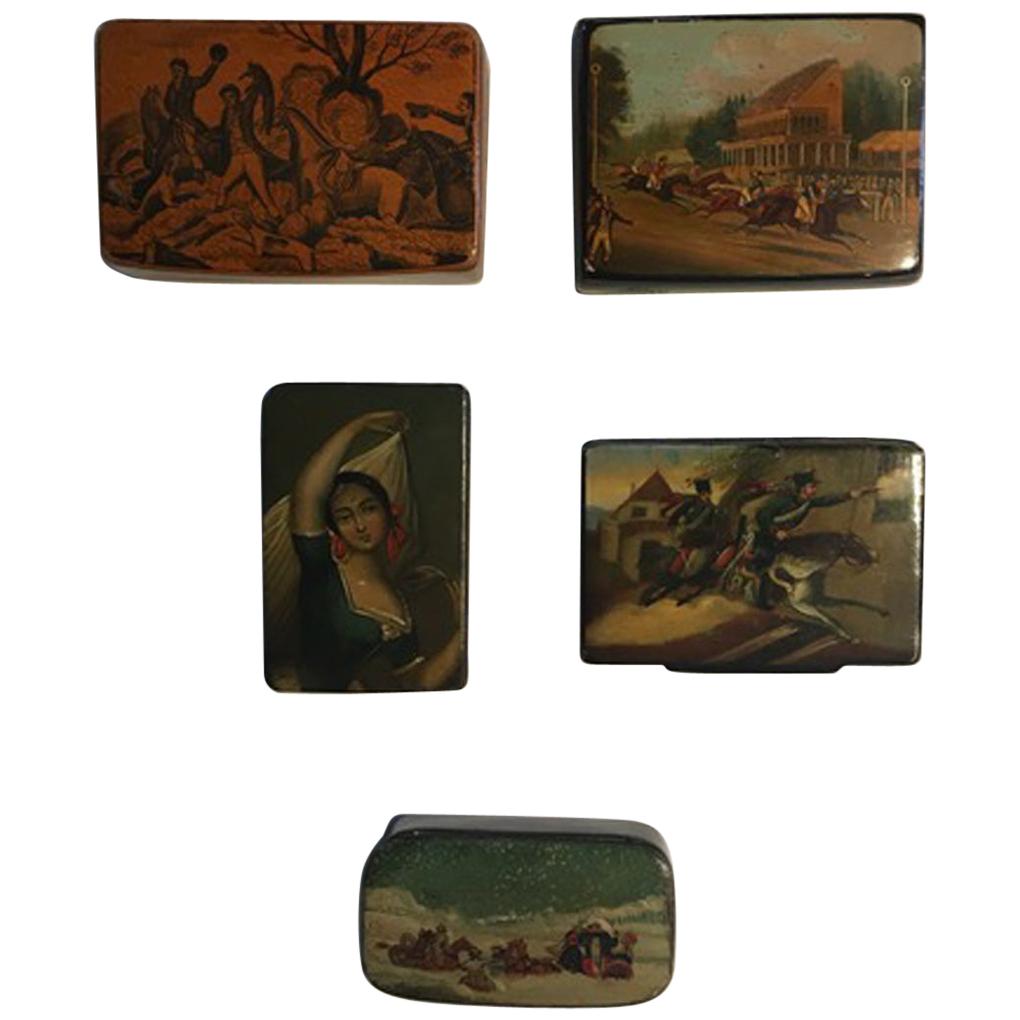 Mid-18th Century Set of Five Wood Lacquered Boxes with Landscape Scenes