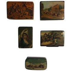 Antique Mid-18th Century Set of Five Wood Lacquered Boxes with Landscape Scenes