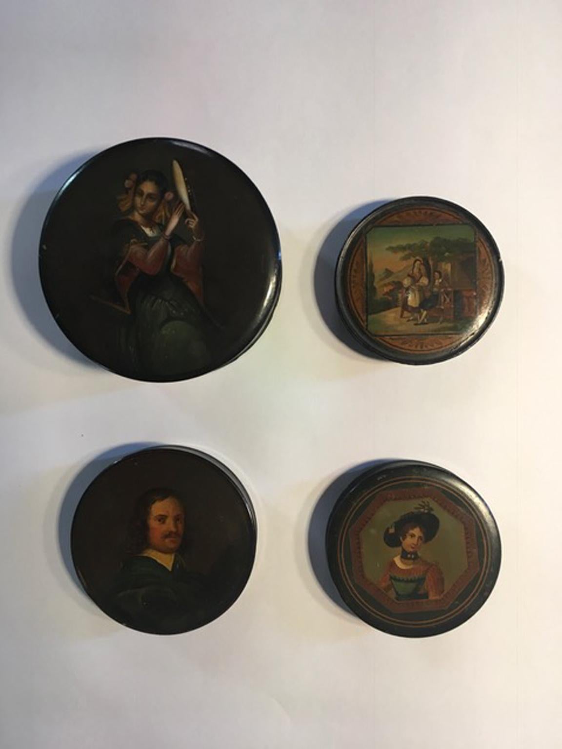 Baroque Mid-18th Century Set of Four Lacquered Wood Boxes with Portraits