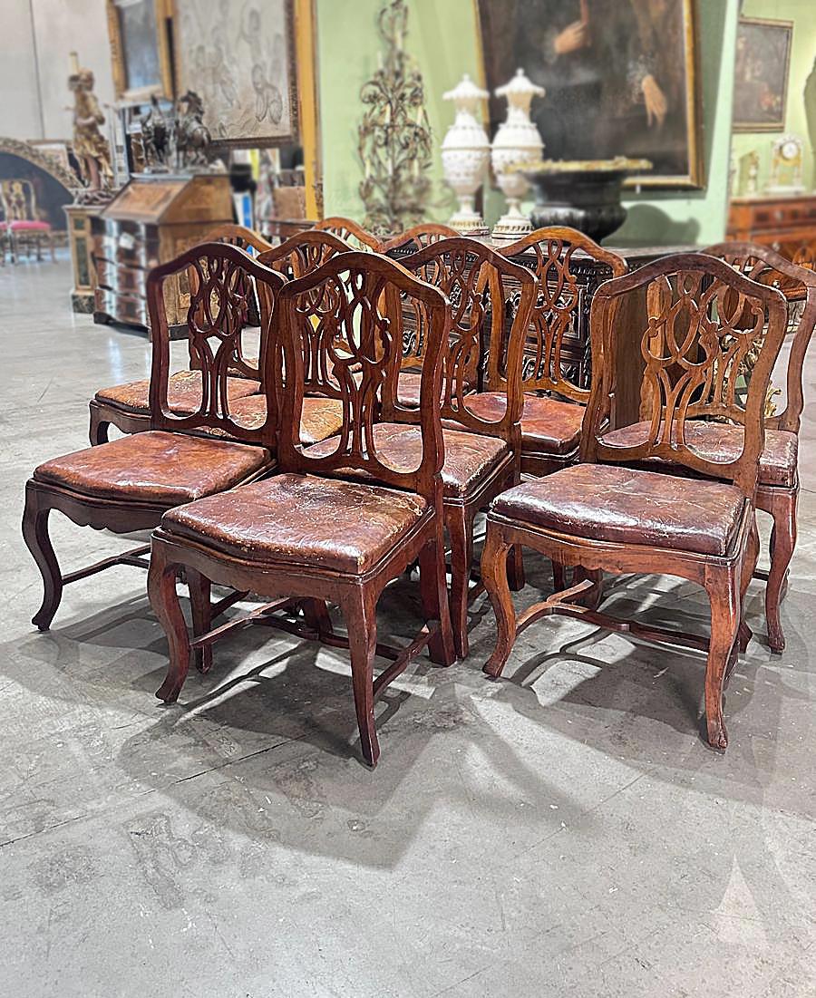 Leather MID-18th CENTURY SET OF TEN LOUIS XV WALNUT CHAIRS For Sale
