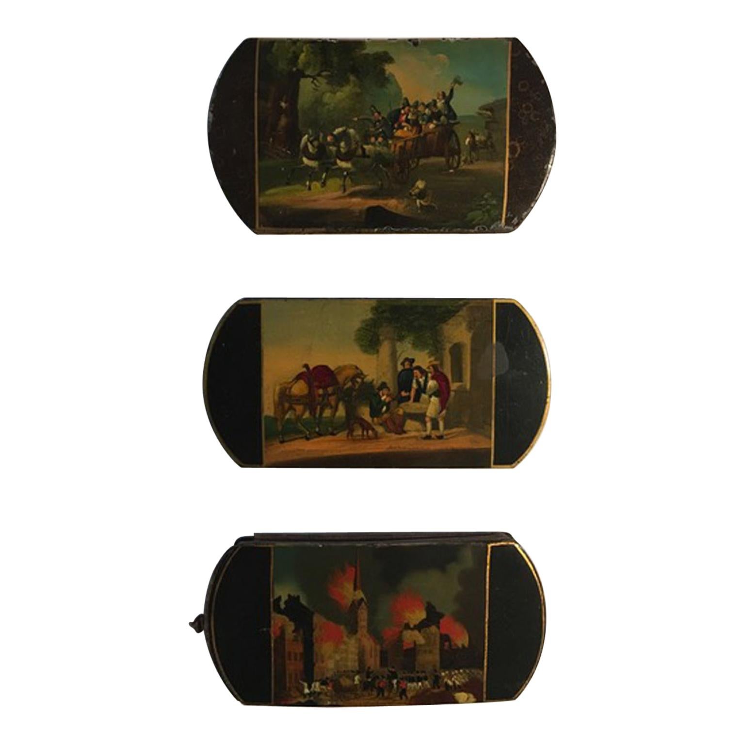 Mid-18th Century Set of Three Lacquered Wood Boxes with Landscape Scenes For Sale