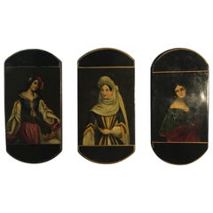Mid-18th Century Set of Three Wood Lacquered Boxes with Portraits