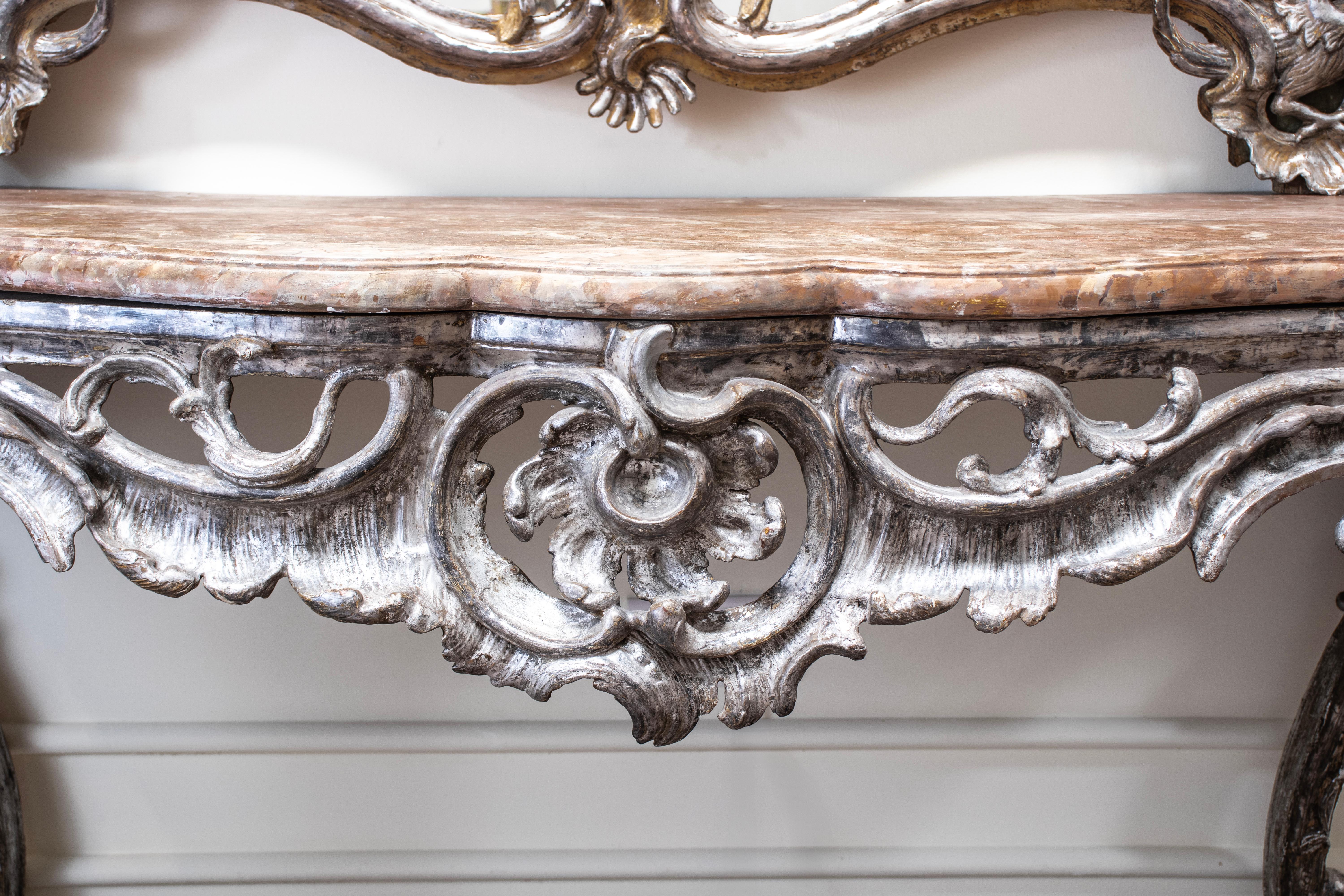 Hand-Carved Mid-18th century Silvered Wood Carved Console in Rococo Style For Sale