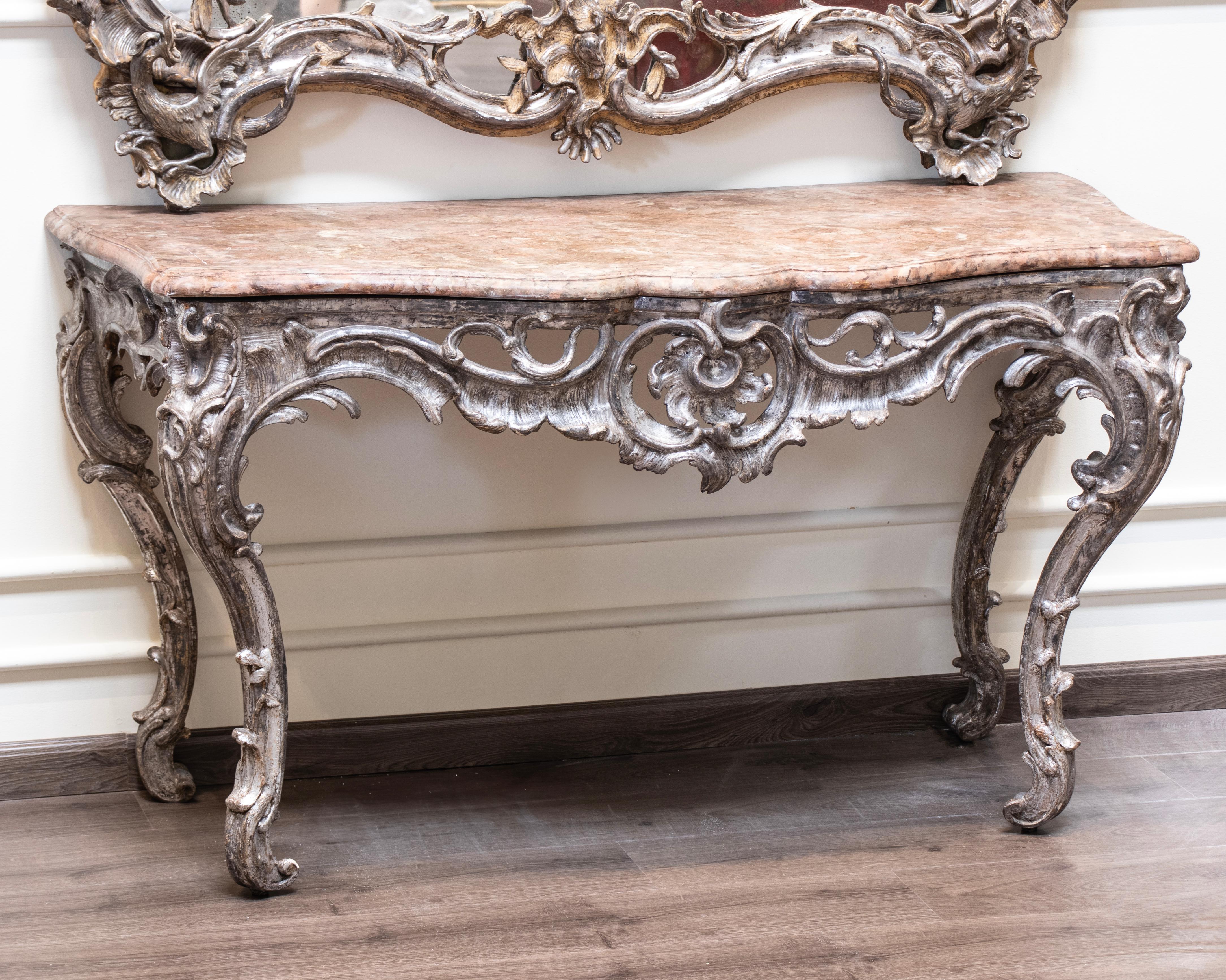 18th Century Mid-18th century Silvered Wood Carved Console in Rococo Style For Sale