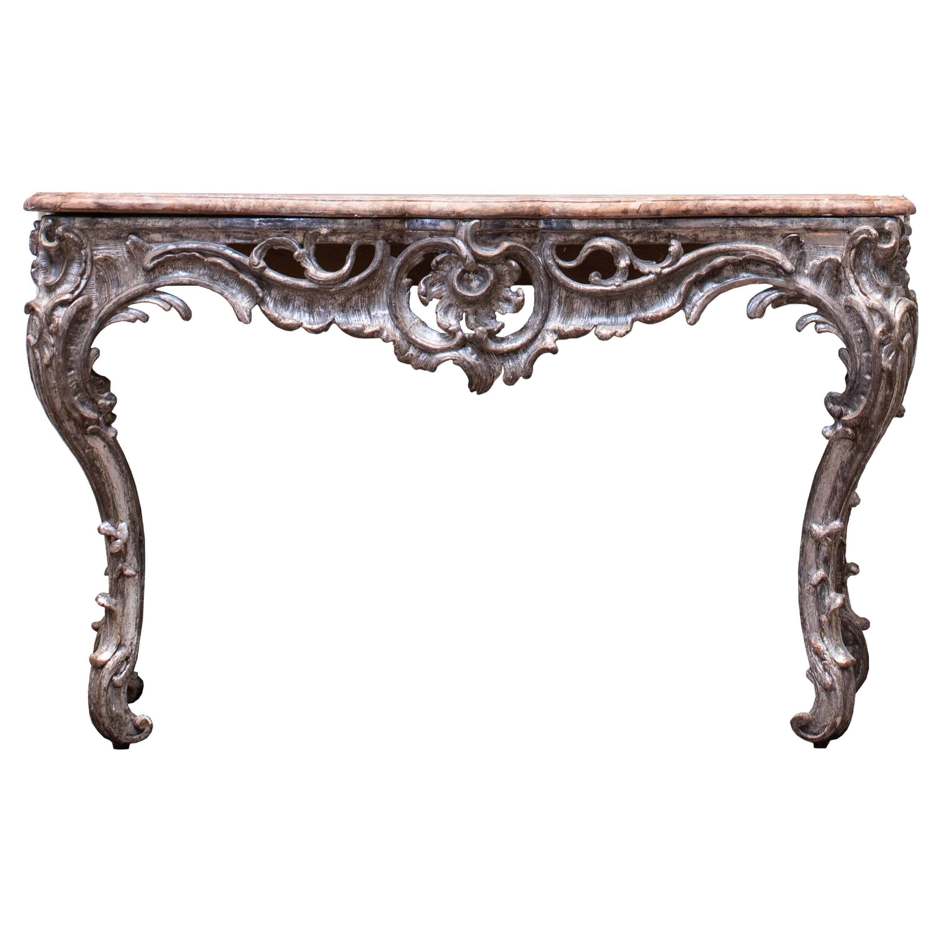 Mid-18th century Silvered Wood Carved Console in Rococo Style For Sale