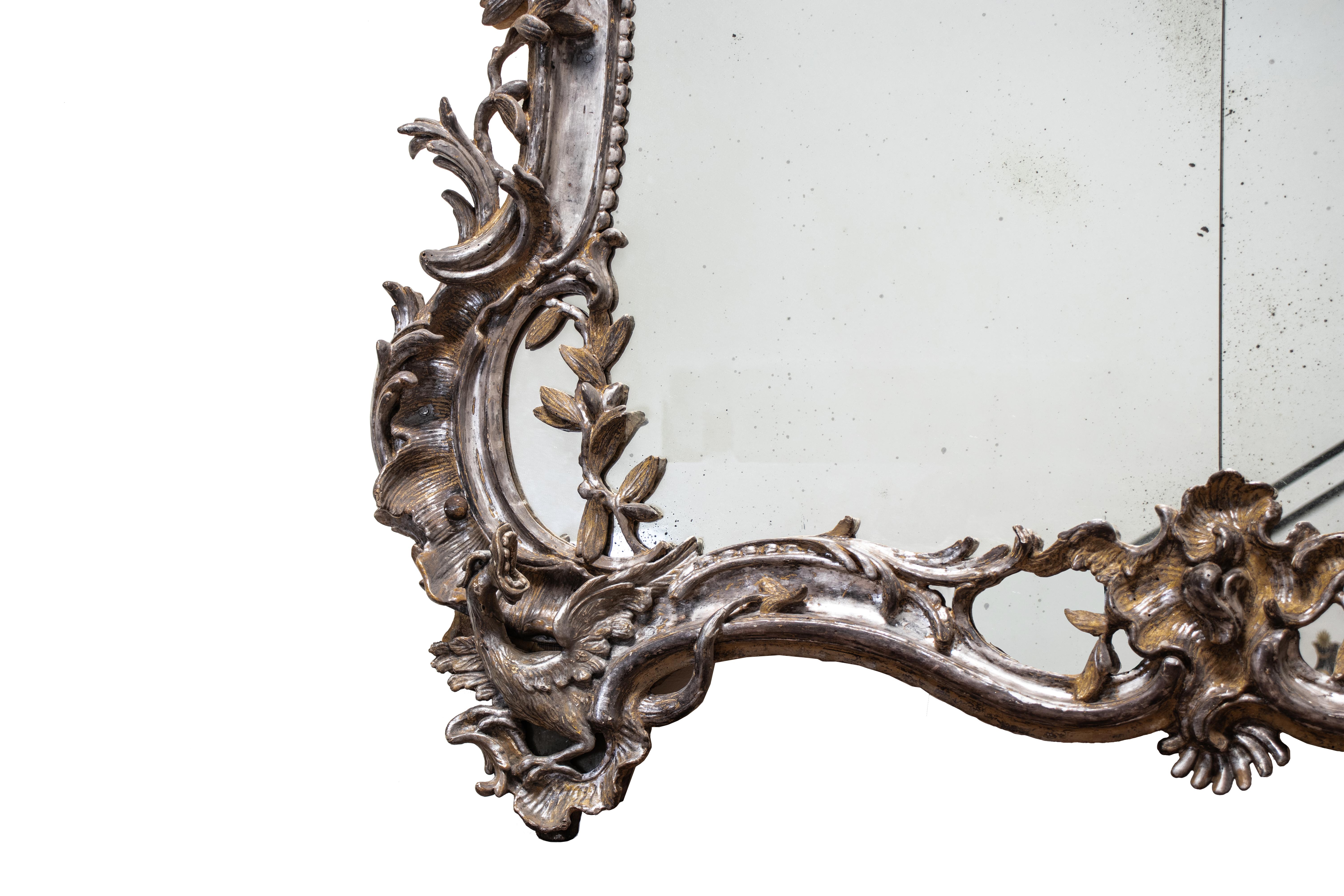 German Mid-18th Century Silvered Wood Carved Mirror in Rococo Style For Sale