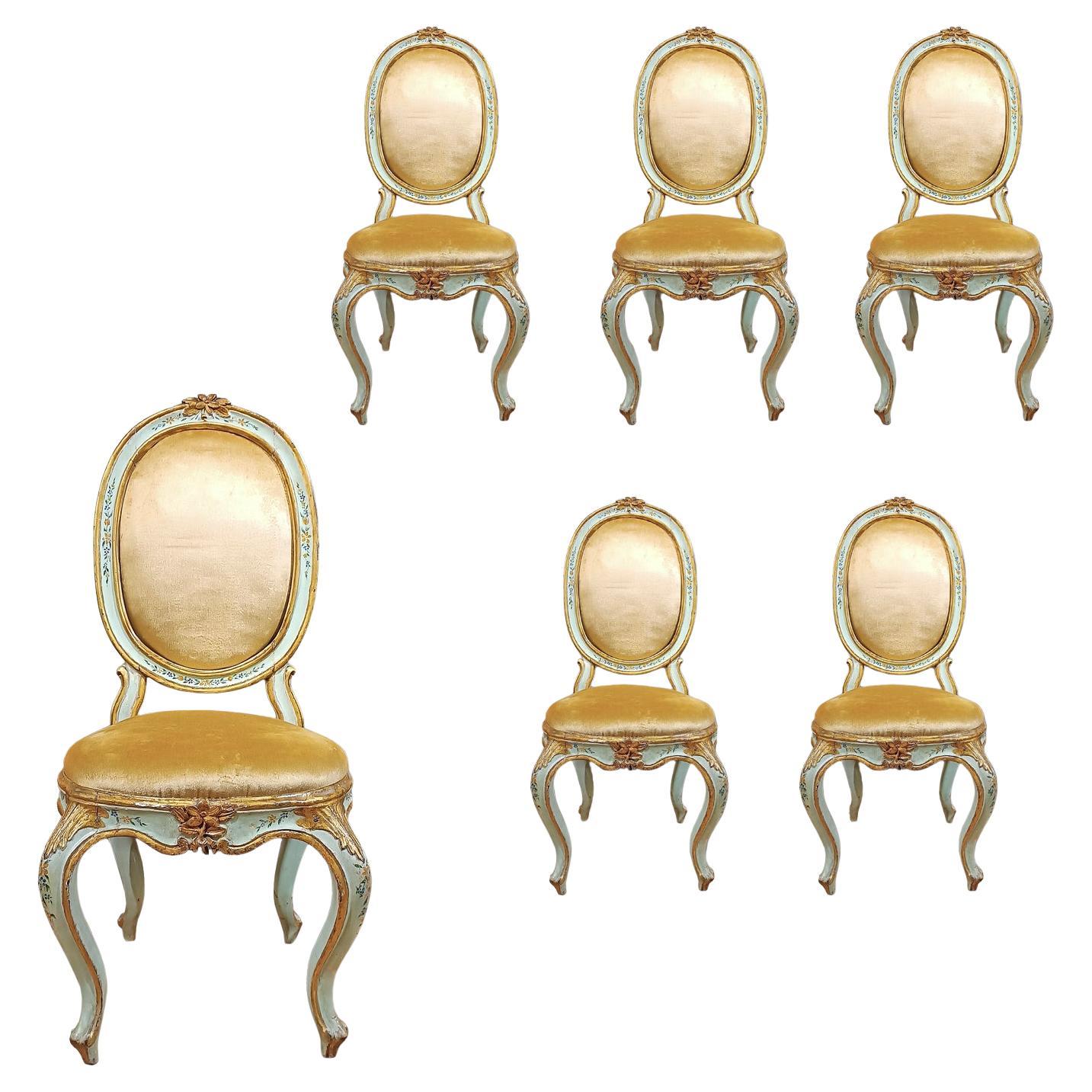 MID-18th CENTURY SIX LOUIS XV CHAIRS IN LACQUERED, PAINTED AND GILDED WOOD