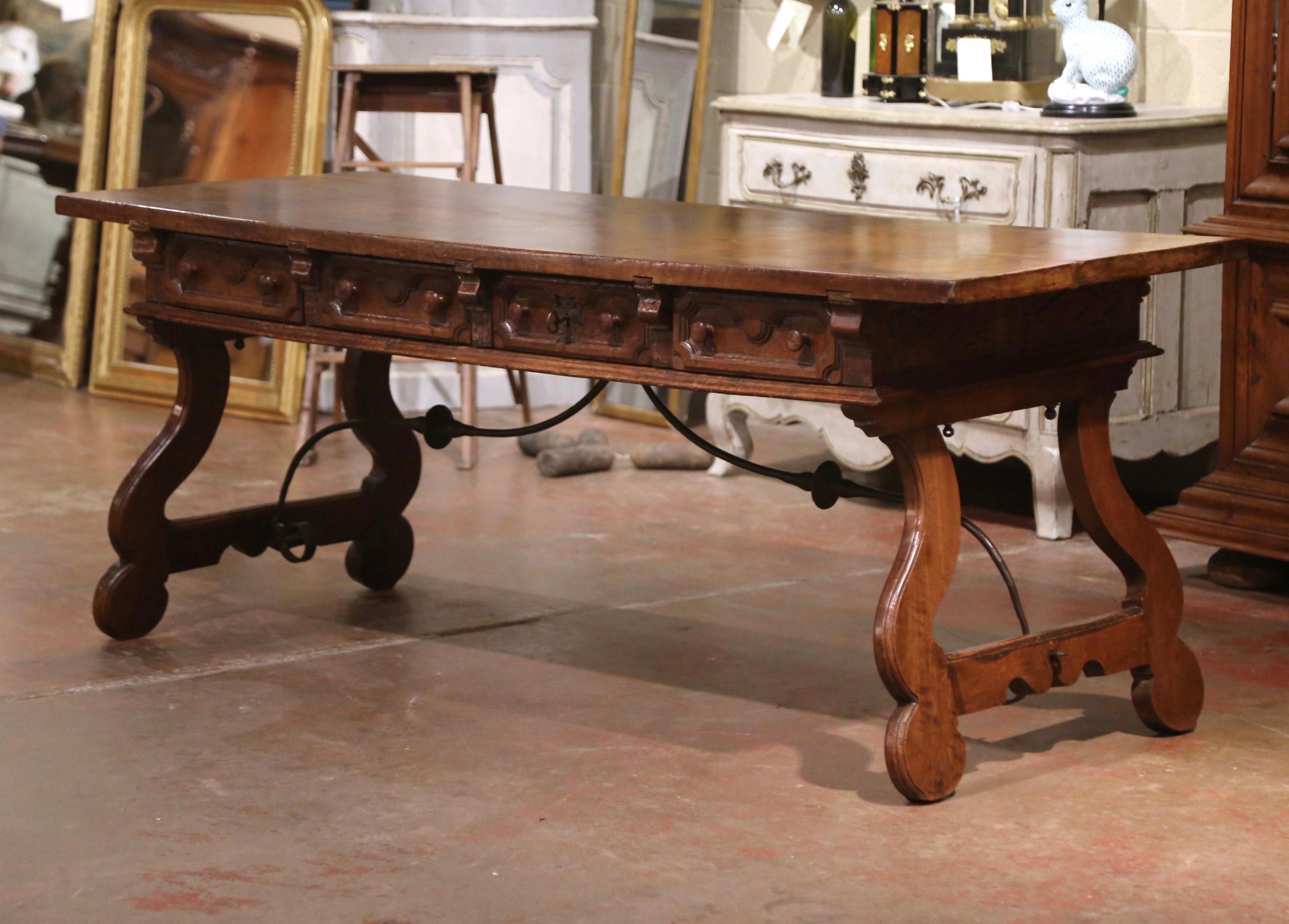 Mid-18th Century Spanish Carved Walnut and Iron Writing Table Desk with Drawers In Excellent Condition In Dallas, TX