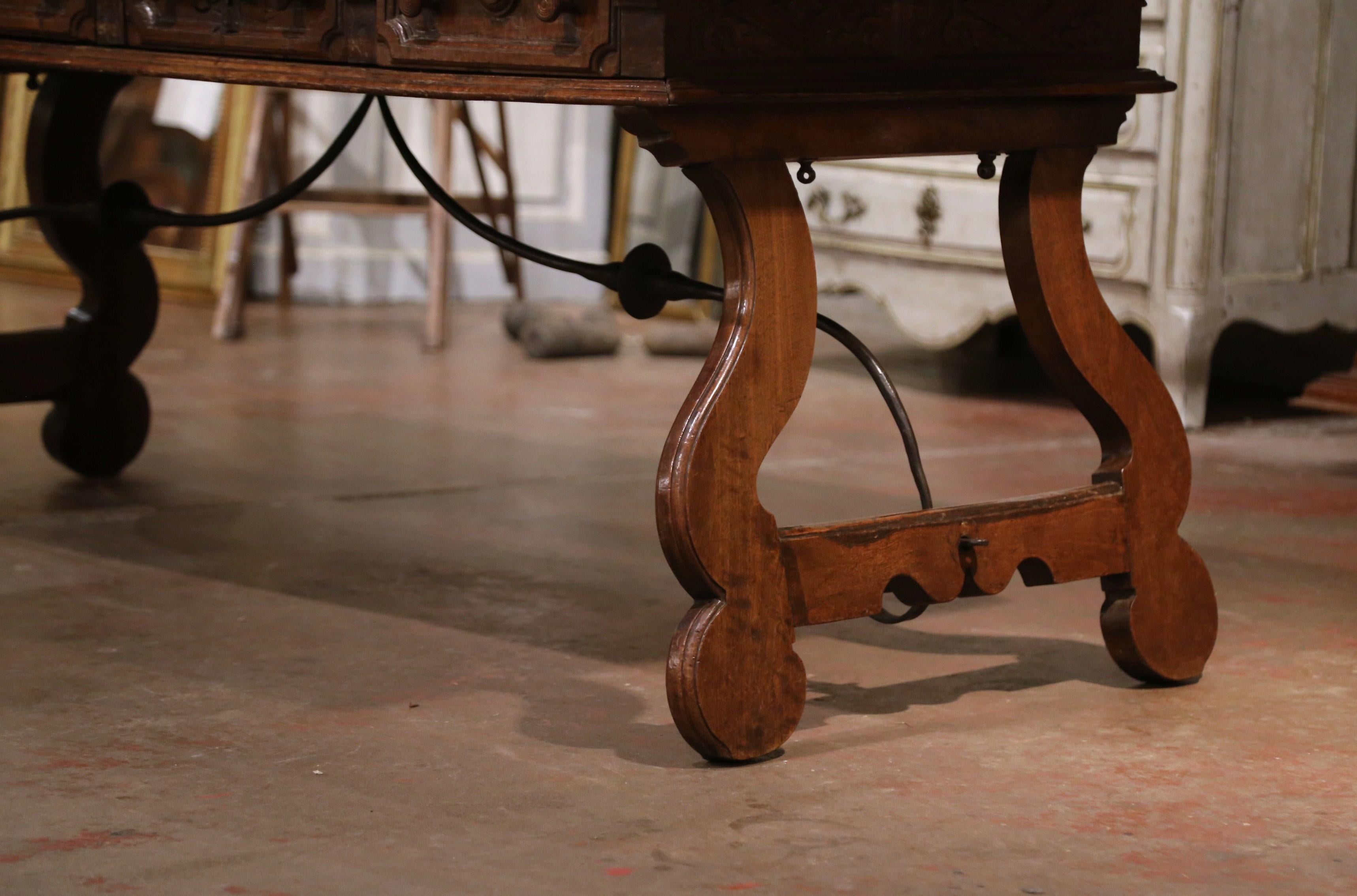 Wrought Iron Mid-18th Century Spanish Carved Walnut and Iron Writing Table Desk with Drawers