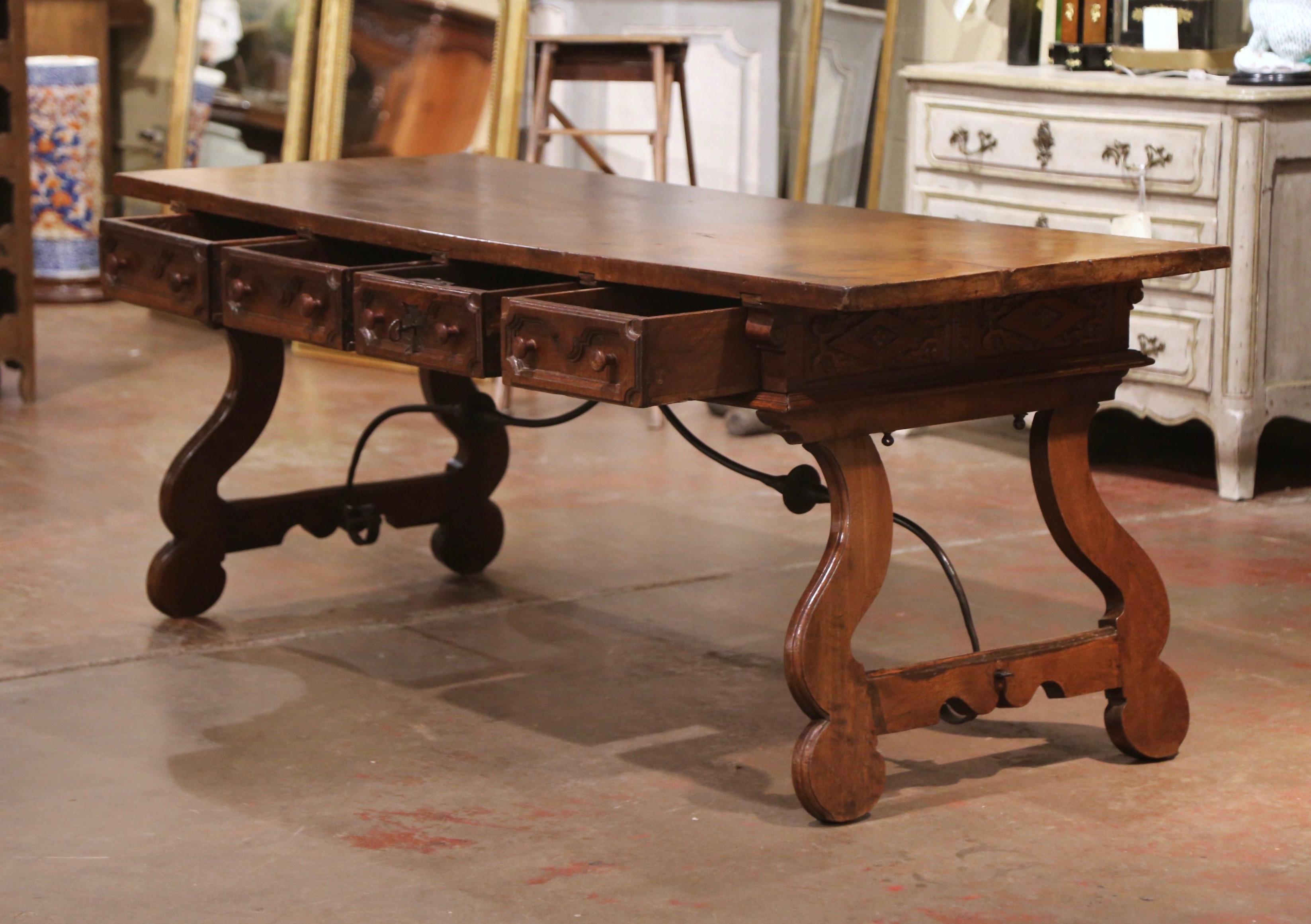 Mid-18th Century Spanish Carved Walnut and Iron Writing Table Desk with Drawers 1